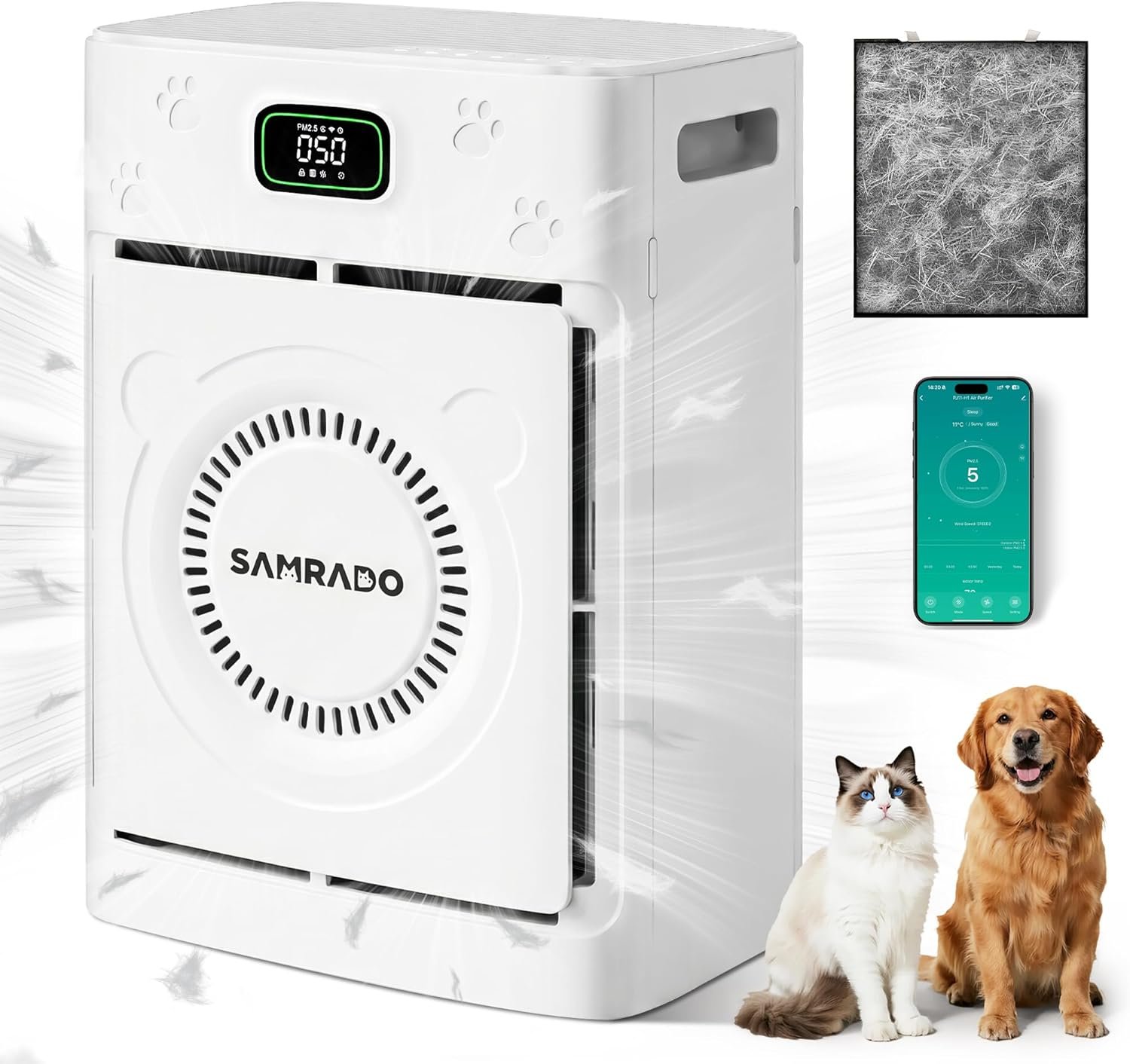 Smart Pet Hair Air Purifier For Home Large Room 2500 Sq Ft, True H13 HEPA Filter, Actively Sucks Up Dander Odor Smoke, Washable Mesh, WiFi App Control, White
