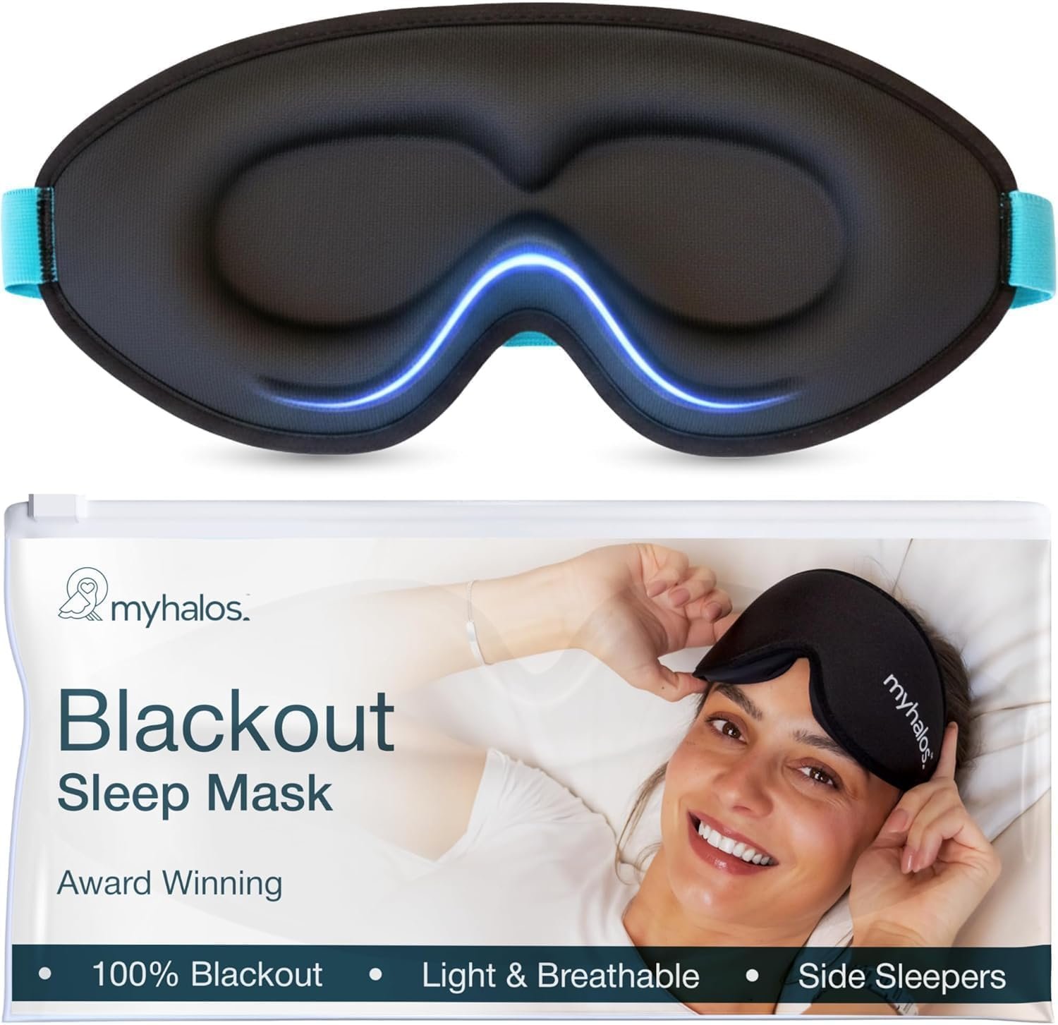 MyHalos® Sleep Mask – 3D Blackout Eye Mask for Women & Men, Side Sleepers, Zero Pressure Memory Foam Eyelash Friendly, Breathable,Award-Winning Sleep Aid for Travel (Black, 1 Count (Pack of 1)