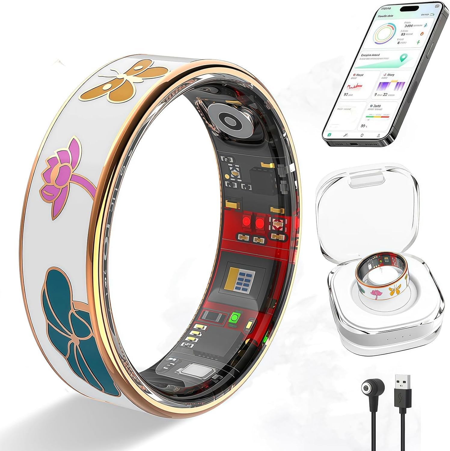 Smart Ring for Women Fitness Tracker with Heart Rate Blood Oxygen Menstrual Cycle Sleep Monitoring Step Counting IP68 Waterproof for iOS and Android No Subscription Fee (8#)