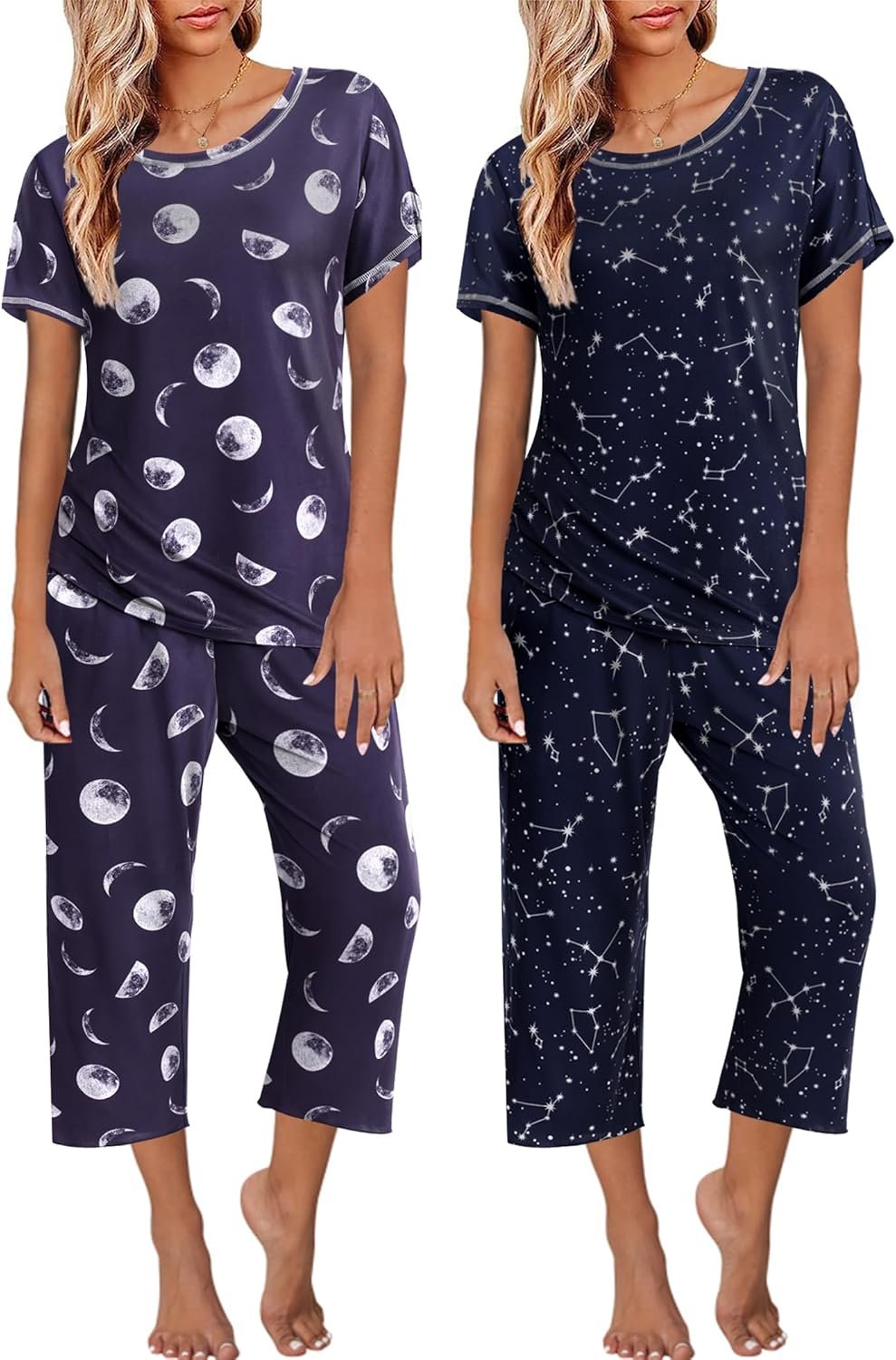 Ekouaer 2 Pack Womens Pajamas Sets Short Sleeve Tops and Capri Pants Pjs Colorful Printed Sleepwear Sets