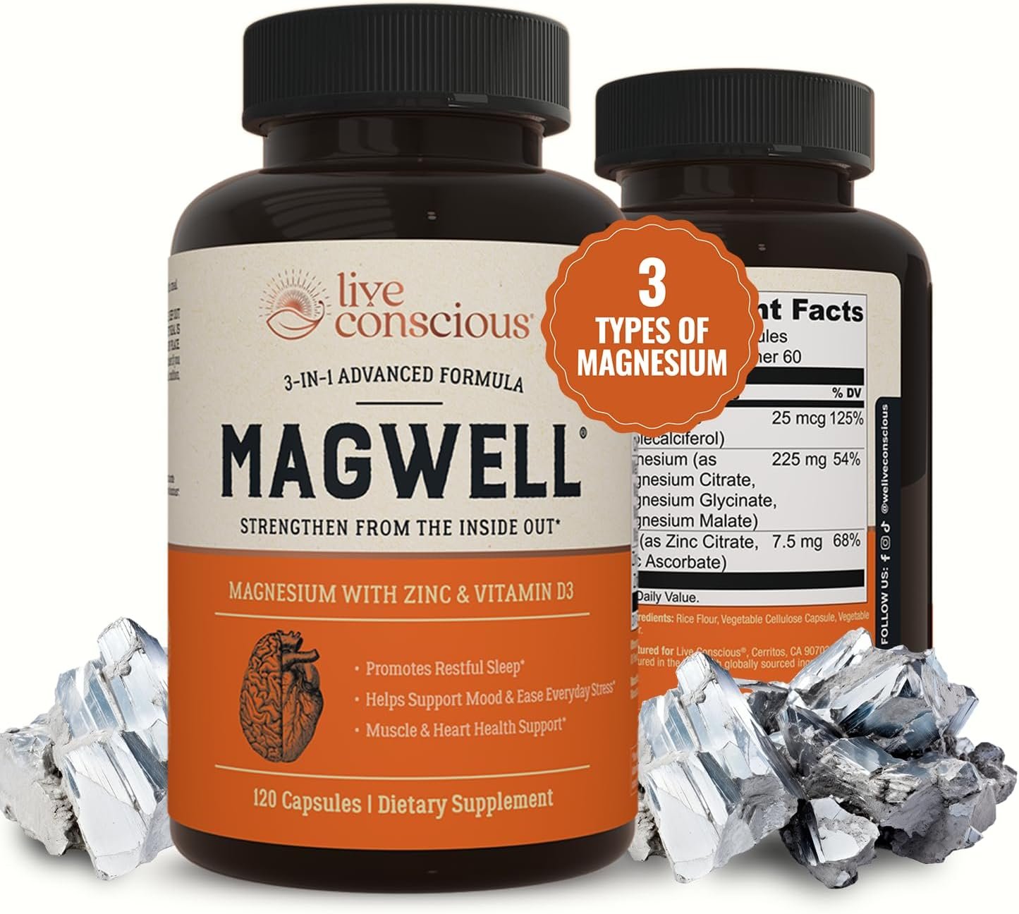 Live Conscious Magwell Magnesium Zinc & Vitamin D3 – Magnesium Glycinate, Malate, & Citrate – Triple Supplement for Women & Men – for Sleep, Bone, Heart, Immune Support – 120 Caps