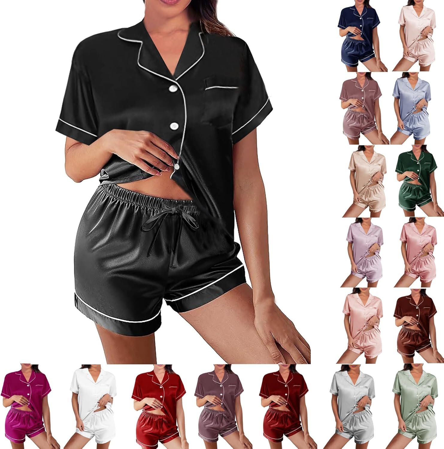 WJing Yi Jia Womens Silk Satin Pajamas Loungewear Two-Piece Sleepwear Button-Down Floral Pj Set XS-4XL