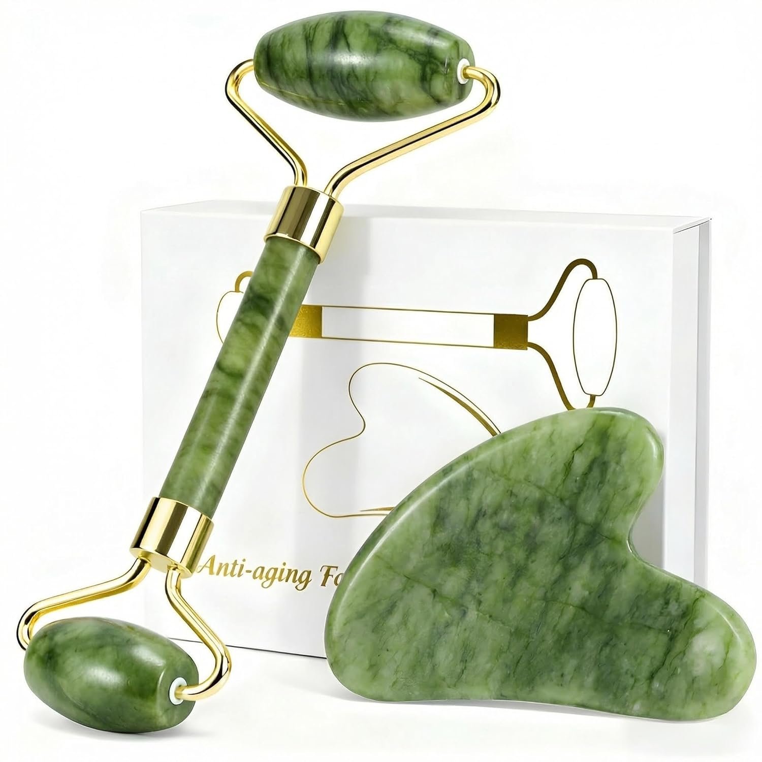 Jade Roller & Gua Sha Set – Natural Jade Face Roller Facial Massage Skincare Tools for Women,Reduce Puffiness and Fine Lines (Forest Green)