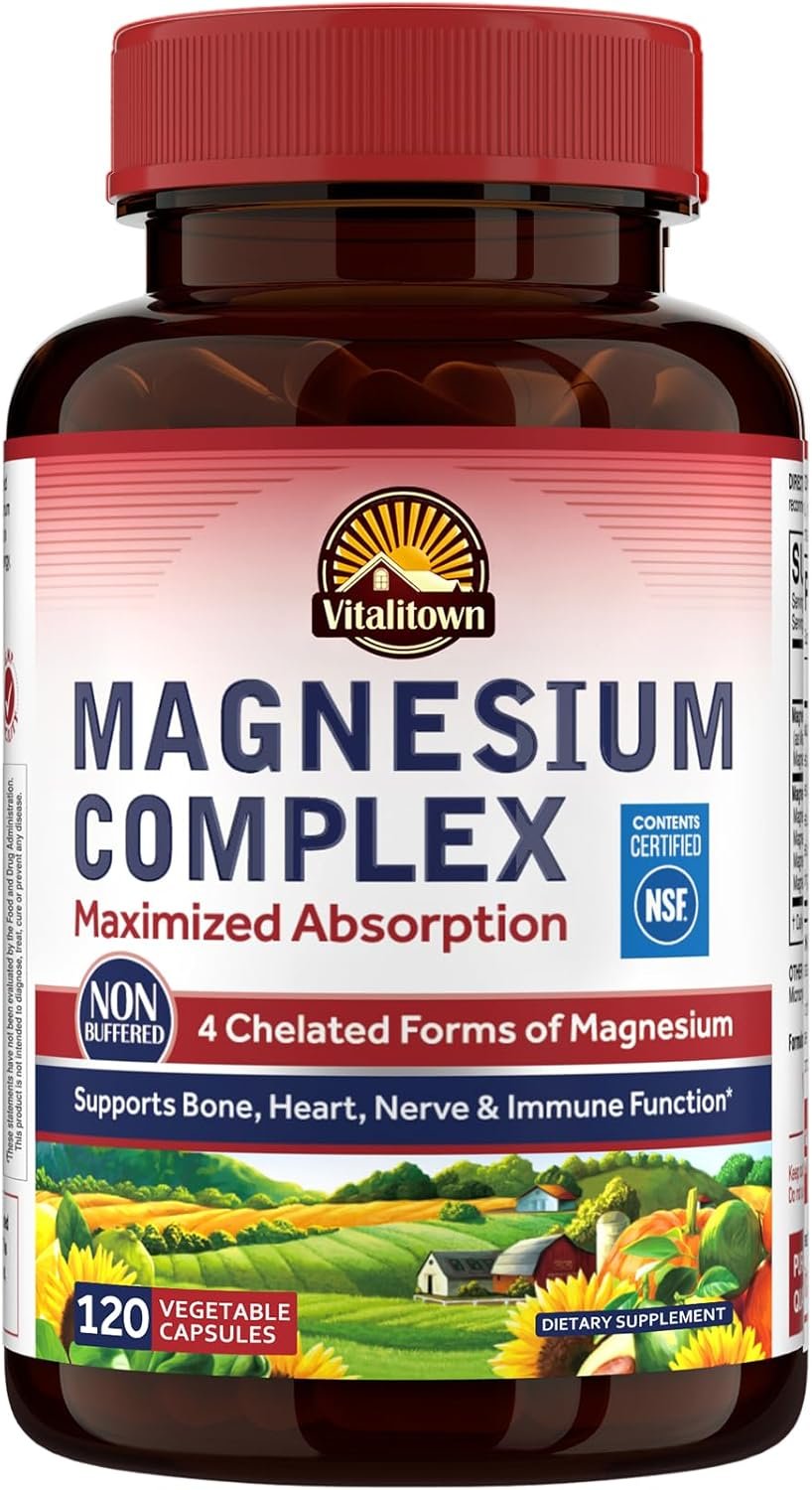Vitalitown Magnesium Complex Supplement 500mg – NSF Certified Magnesium Glycinate, Malate, Taurate & Citrate – Chelated High Absorption & Gentle on Stomach – Vegan Non-GMO 120 Capsules