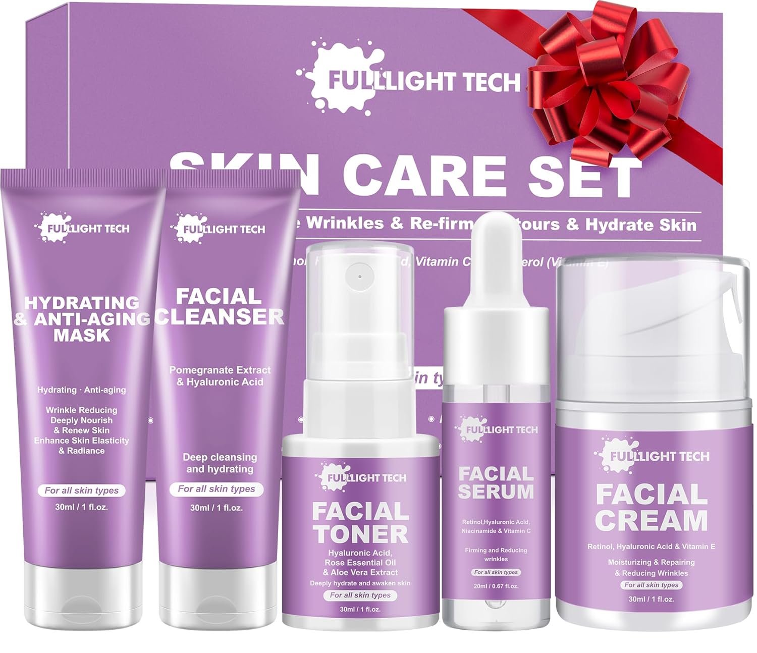 Retinol Skin Care Set, 5PCS Hydrate Moisturize Skin Care Sets for Women,Gentle Skincare Gift with Facial Mask,Cleanser,Toner,Serum,Face Cream Travel-friendly Face Care Stocking Stuffers Women Mom