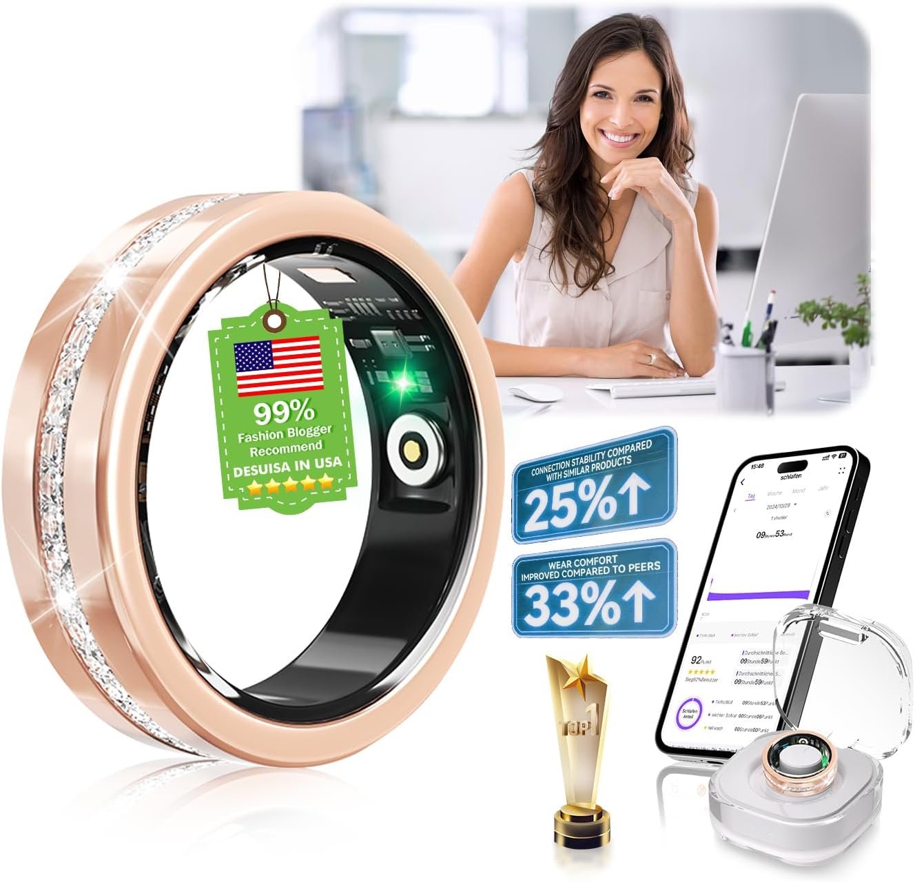 10 Gen Diamond Smart Ring and Wireless Charging Case【Industry Ranking No.1 – 0 Measurement Error】 2026 Smart Ring for Women & Men for Sleep Tracking Wearable Device,Fitness Ring【Gold 9#】