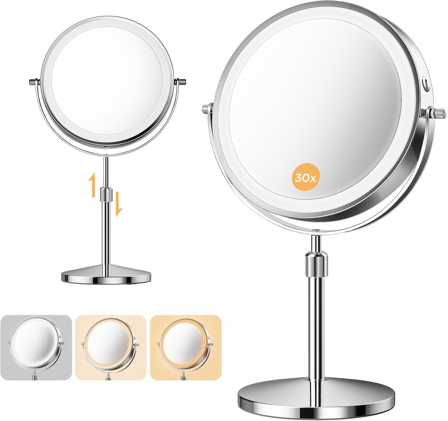Makeup Mirror, 1X/30X Double Sided Magnifying Mirror with 3 Colors, 3200 mAh Rechargeable Vanity Mirror with 360° Rotation, Brightness Adjustable Light up Mirror, Women Gift (Gray)