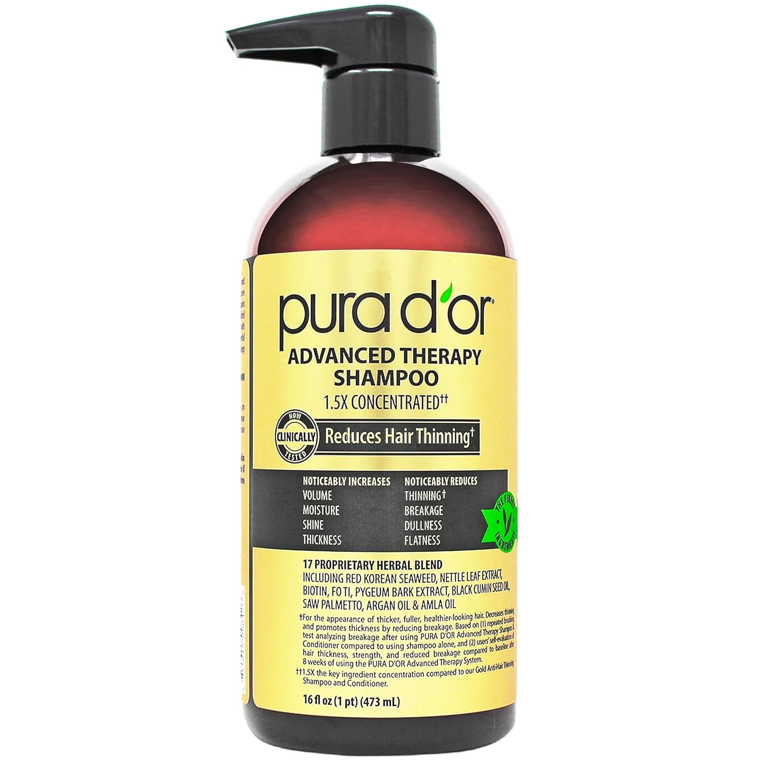 PURA D’OR 16 Oz Advanced Therapy Shampoo Reduces Hair Thinning & Increases Volume, No Sulfate, Biotin Shampoo Infused with Argan Oil, Aloe Vera for All Hair Types, Men & Women