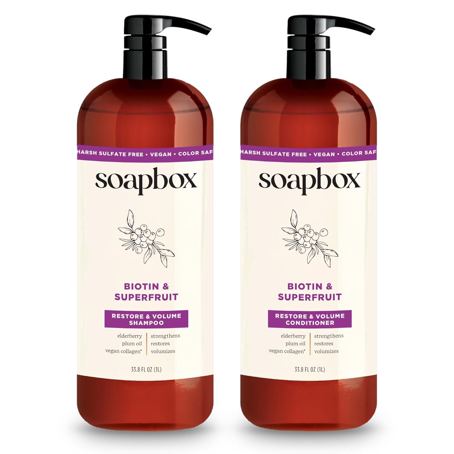 Soapbox Biotin & Super Fruit Shampoo & Conditioner Set, Leaves Hair Volumized & Strengthened – Clean Ingredients Free of Harsh Chemicals, Sulfates, Parabens & Silicones – 1 Liter Each