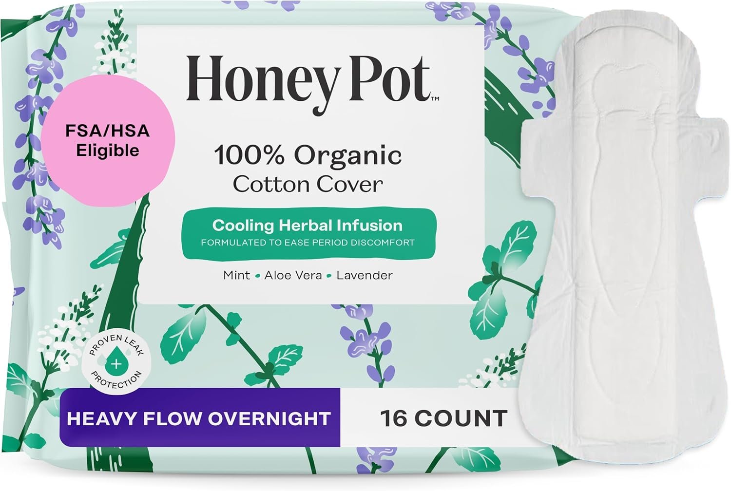 The Honey Pot Company – Herbal Sanitary Pads for Women – Heavy Flow Overnight w/Wings – Infused w/Essential Oils for Cooling Effect & Organic Cotton Cover – Feminine Care – 16 ct
