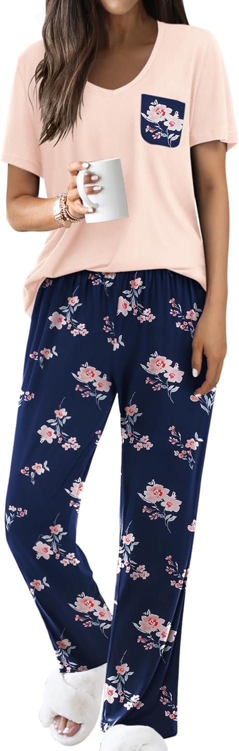 Ekouaer Pajama Sets for Women Short Sleeve Pj Set V Neck Sleepwear Chest Pocket with Long Pants Casual Loose Loungewear