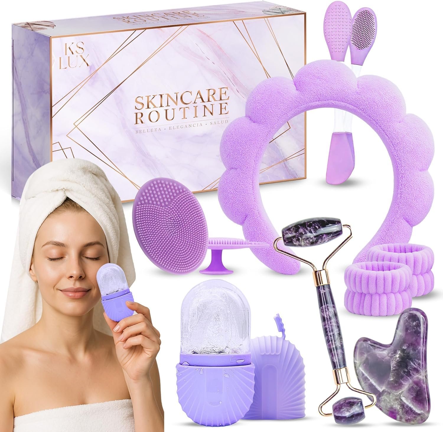 Skincare tools set, facial accessories for skincare, teen skin care kit with jade roller and gua sha set, self care tools, clean girl aesthetic gifts, face kits with gua sha and ice roller KS LUX