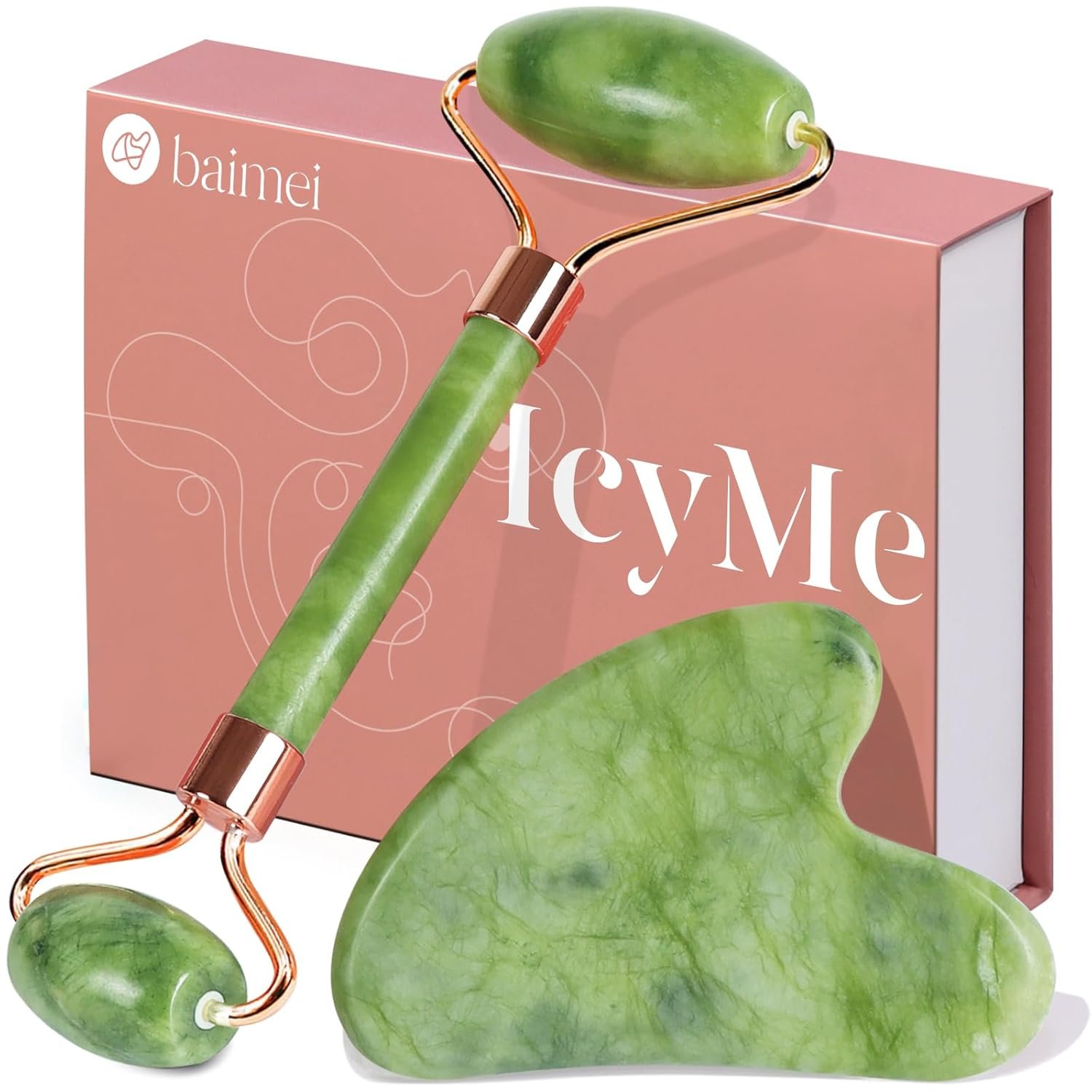 BAIMEI IcyMe Gua Sha & Jade Roller Set, Cooling Face Roller & Gua Sha Tool for Depuffing, Facial Sculpting & Jawline Definition, Smooth Rolling Skincare Tools for Women & Men – Green