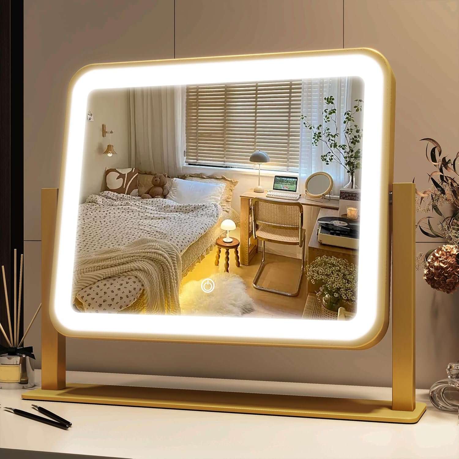 FENNIO Vanity Mirror with Lights 14×12 Inch – Makeup Mirror with Lights Tabletop, 3-Color Dimmable Lighted Mirror, Touch Control Desktop Mirror for Women (Gold)
