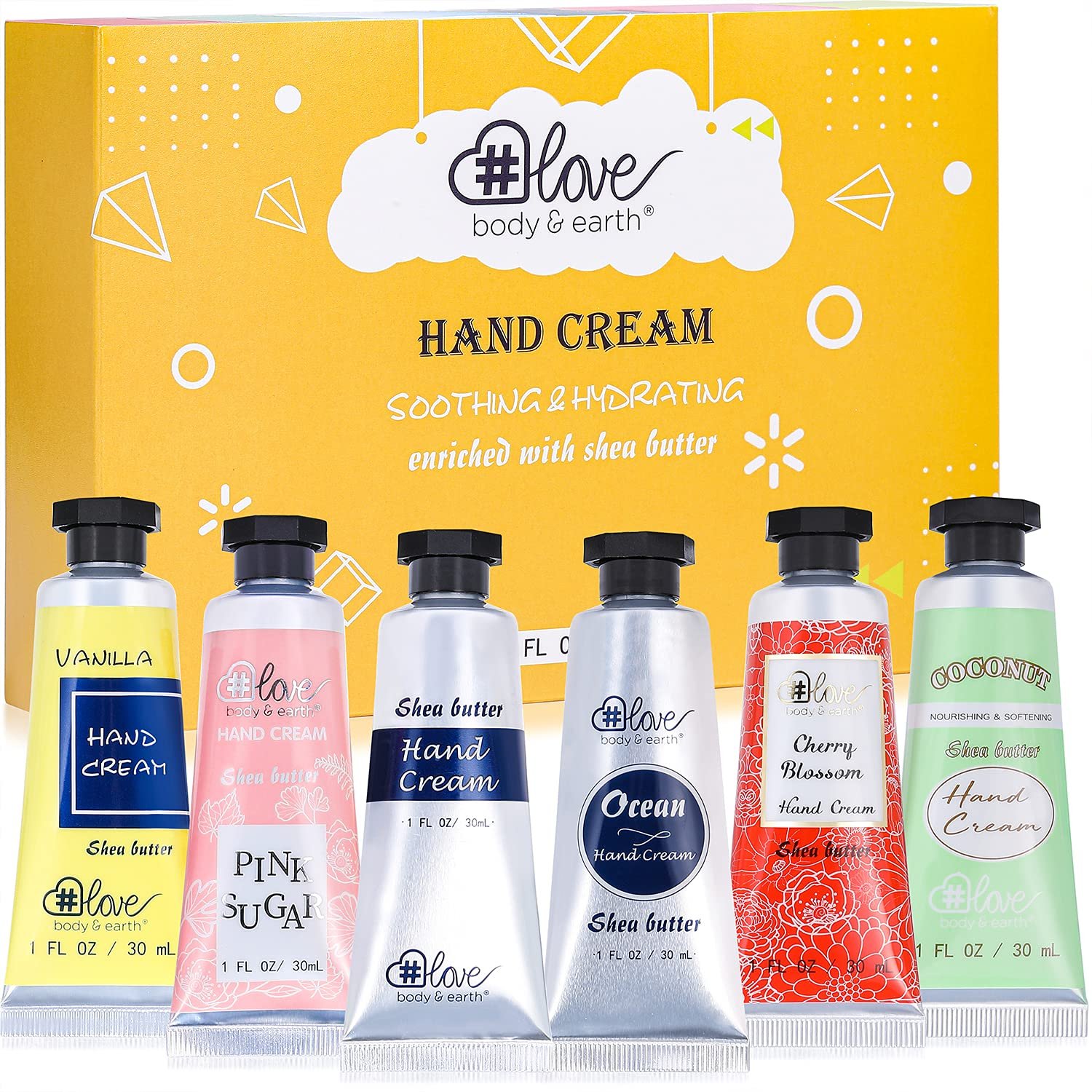 BODY & EARTH # LOVE Hand Cream Gifts Set,Mothers Day Gifts,Teacher Appreciation Gifts,Nurses Week Gifts,Travel Size Hand Cream for Women,Mini Moisturizing Hand Lotion for Dry Cracked Hands, 6 x 1 OZ