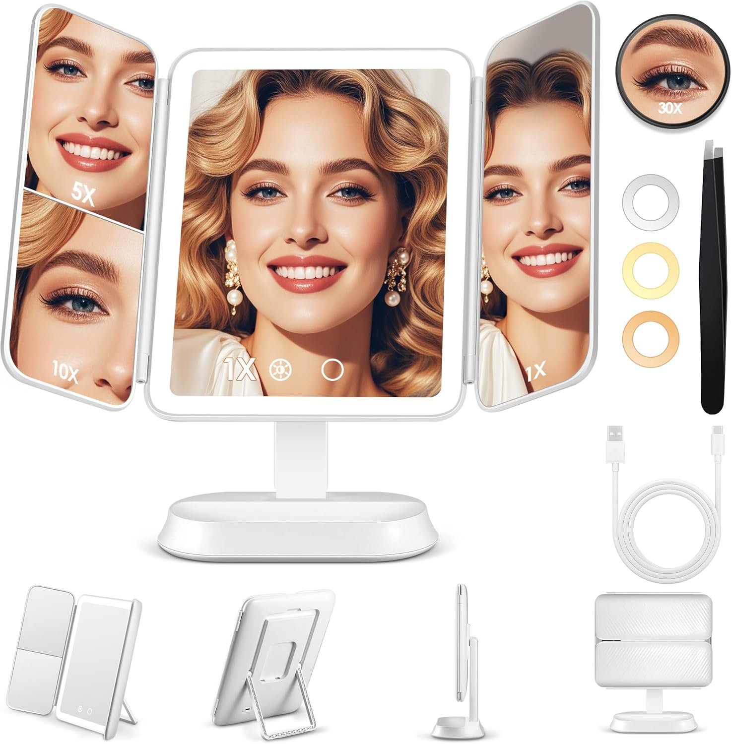 GOMIPURU Makeup Mirror with Lights and 30X/10X/5X Magnification, Detachable Vanity Mirror with 3 Colors Lights, Dimmable, Lighted Makeup Mirror with Magnification, Trifold Mirror for Travel Desk