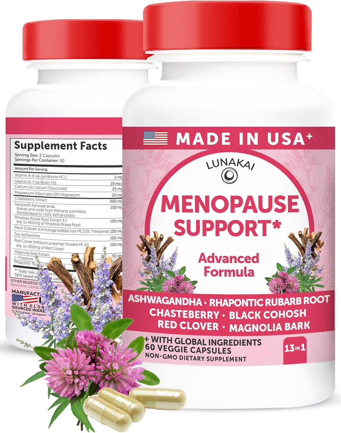Lunakai USA Made Natural Menopause Supplements for Women – 13-in-1 Menopause Relief for Hot Flashes, Night Sweats, Sleep & Mood Support, 60ct