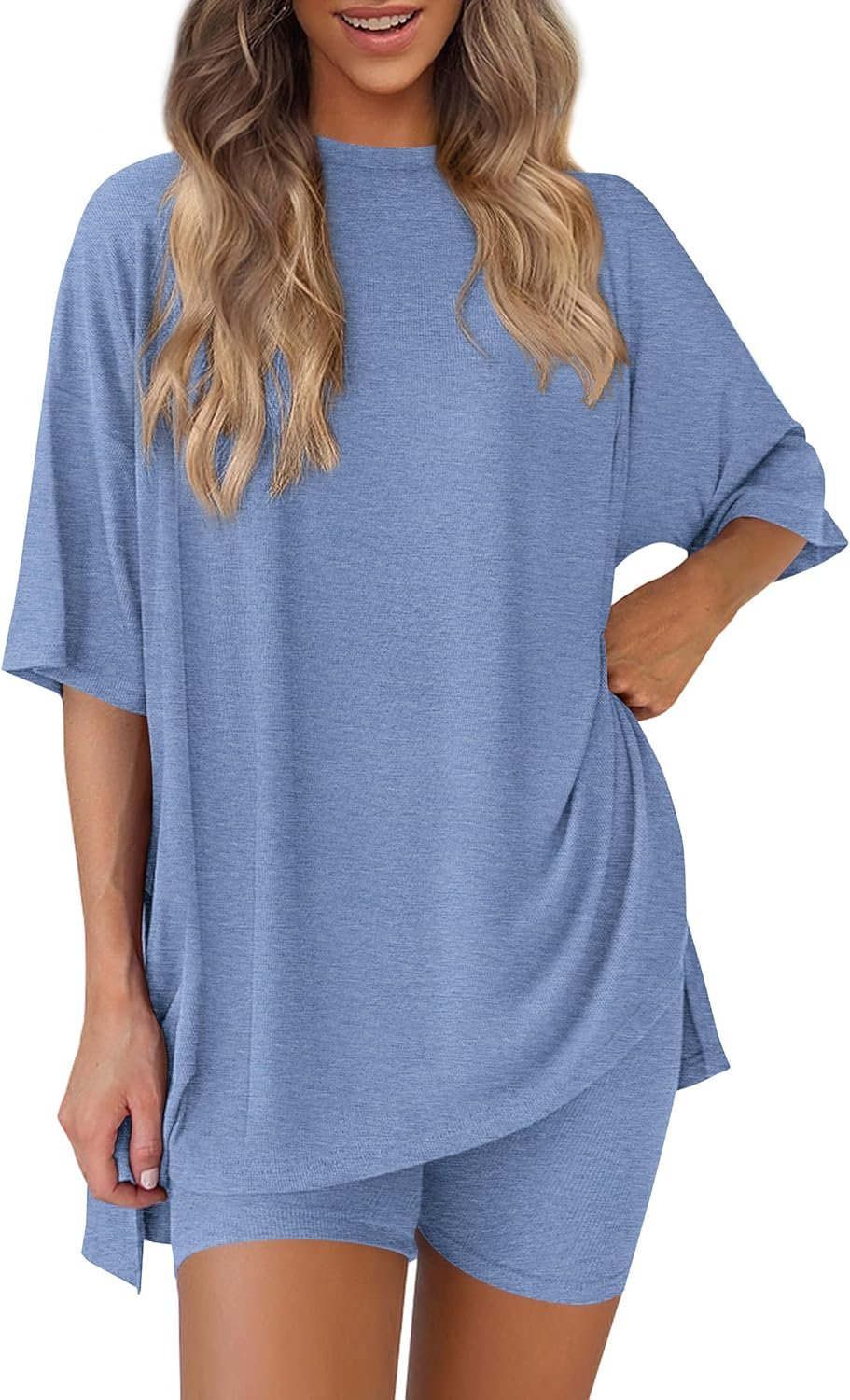 PRETTYGARDEN Women 2 Piece Lounge Set 2026 Summer Casual Oversized Shirts Biker Shorts Matching Airport Travel Outfit Clothes