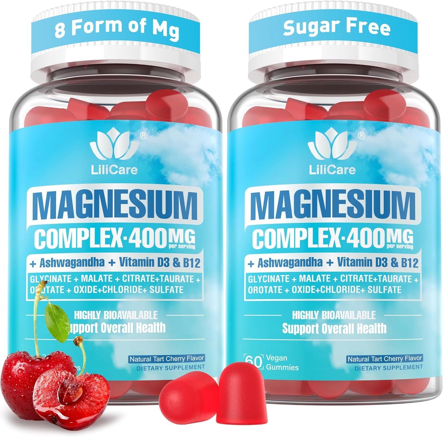 Magnesium Complex Gummies for Women Men 400mg, 8 Forms of Magnesium Glycinate, Citrate, Malate – Sugar Free Calm Magnesium Gummies Supplement with Magnesium Ashwagandha, D3, B12 for Relax,Vegan,120Cts