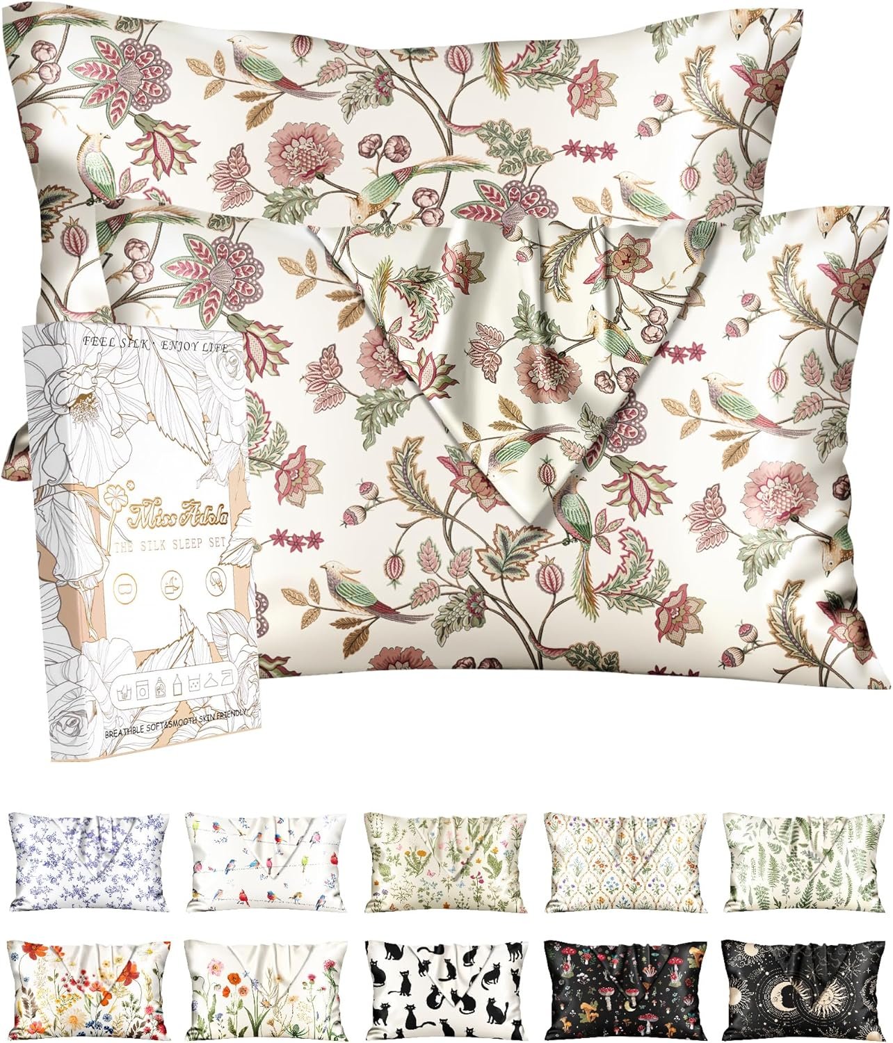 Miss Adola 2 Pack Silk Pillowcases – 20×26 Inch Standard Size Silk Pillow Cases with Hidden Zipper for Women Lady Smooth Soft Breathable Cooling Design Pillowcases for Hair and Skin, Flower Bird