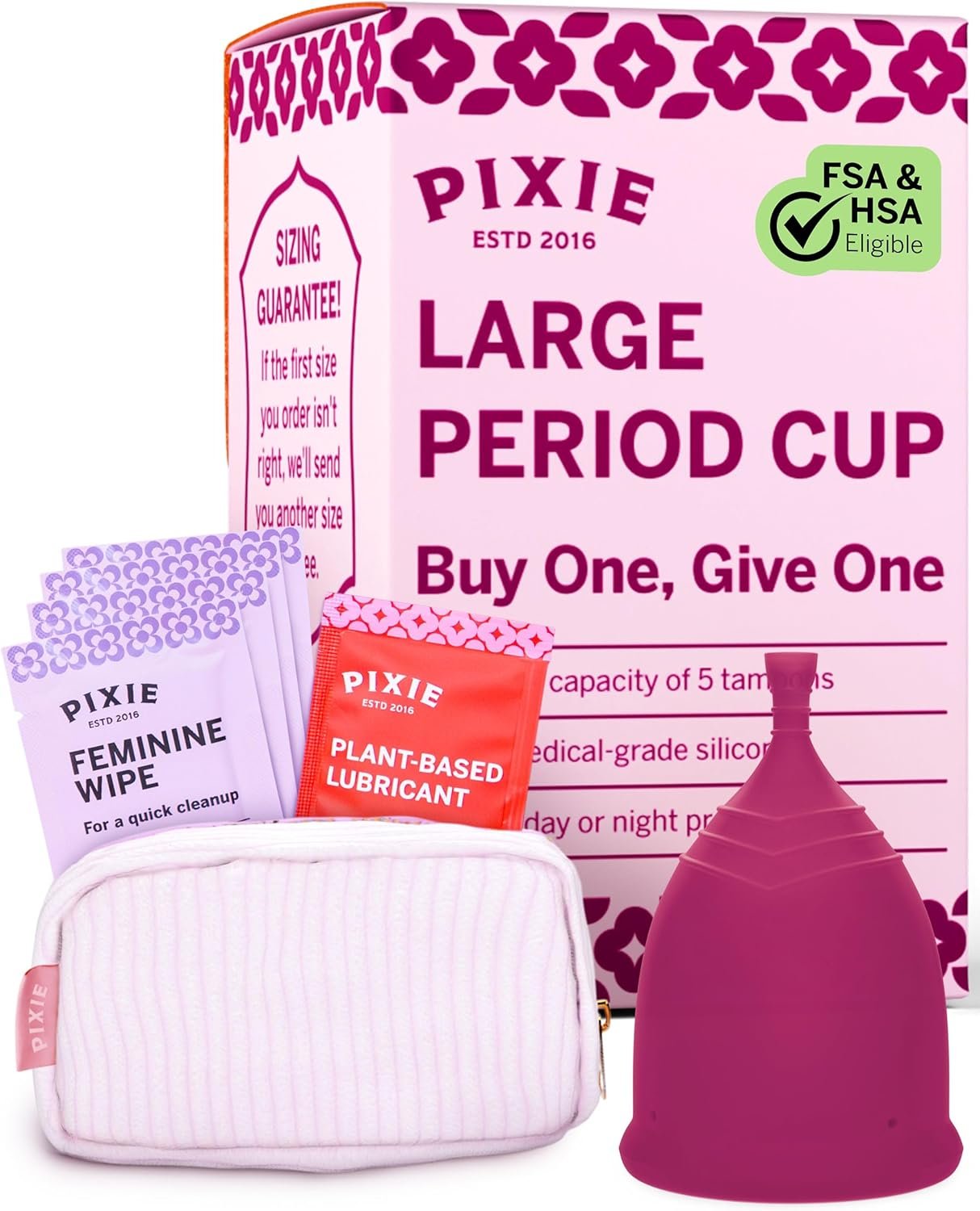 Pixie Cup – Soft, Safe, Reusable Menstrual Cup – Ranked 1 for The Best Tampon Alternative – 100% Medical-Grade Silicone Period Cup for Feminine Care – Buy One We Give One (Plum, Large)