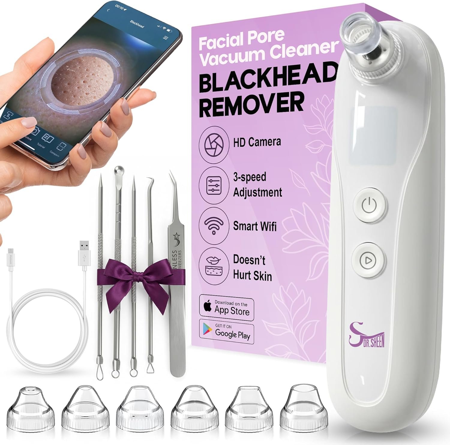 Blackhead Remover Vacuum with Camera, Pore Vacuum Blackhead Remover, 3 Suction Modes, 6 Heads, USB Rechargeable, 5-Piece Stainless Steel Kit, Deep Pore Cleanser for Women & Men