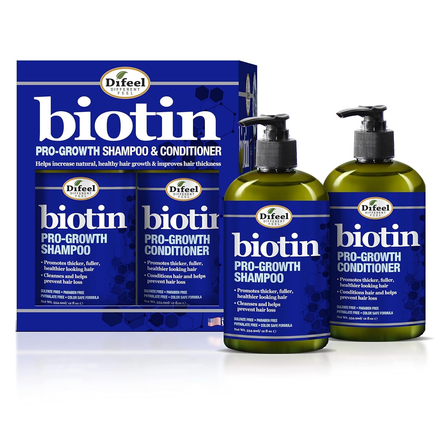 Difeel Pro-Growth Biotin Shampoo & Conditioner 2-PC Gift Set – Thinning Hair & Hair Loss, Paraben Free