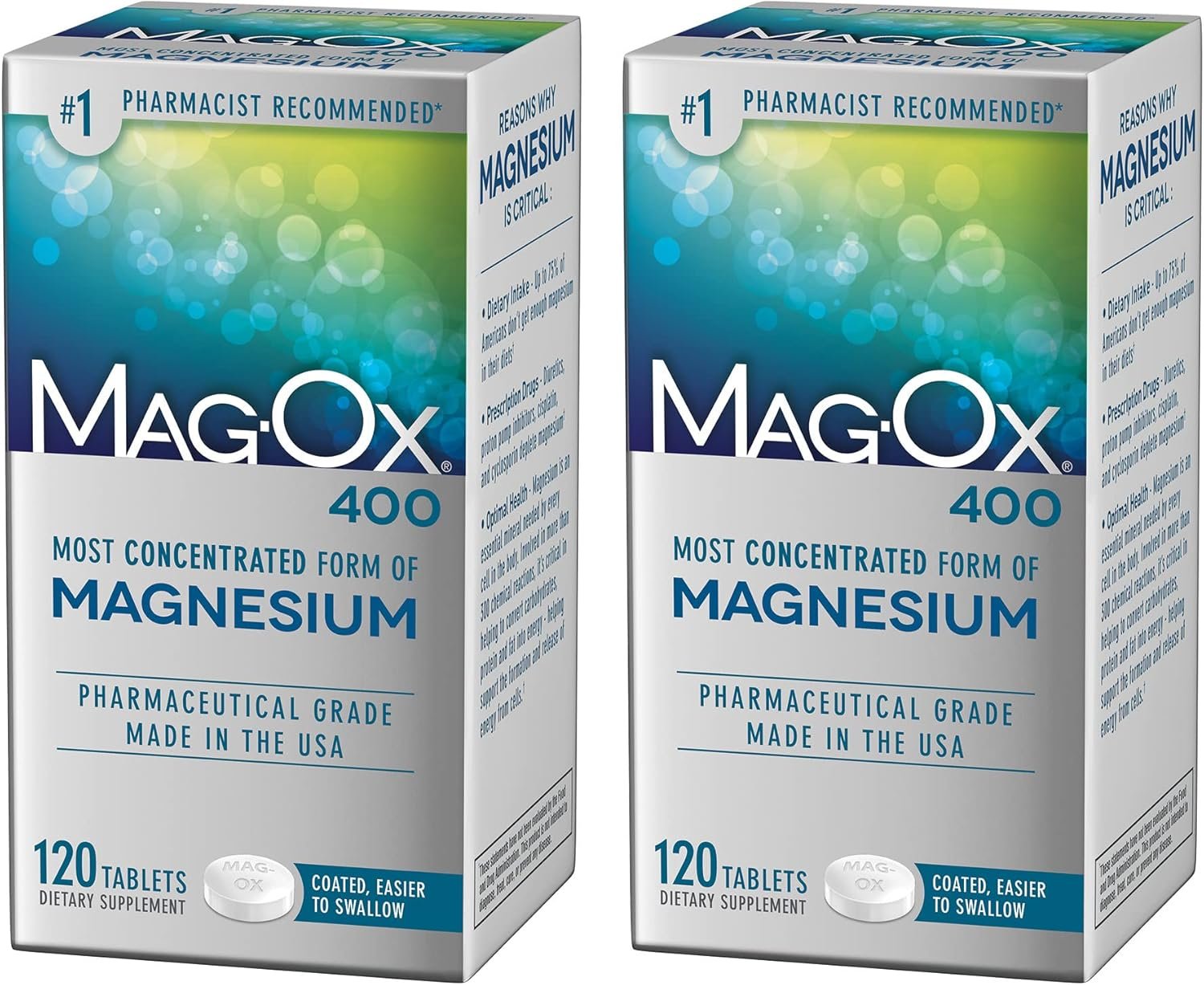 Mag-Ox 400 Magnesium Supplement, Pharmaceutical Grade Magnesium Oxide with 482 mg Per Dose, 120 Tablets, Pack of 2