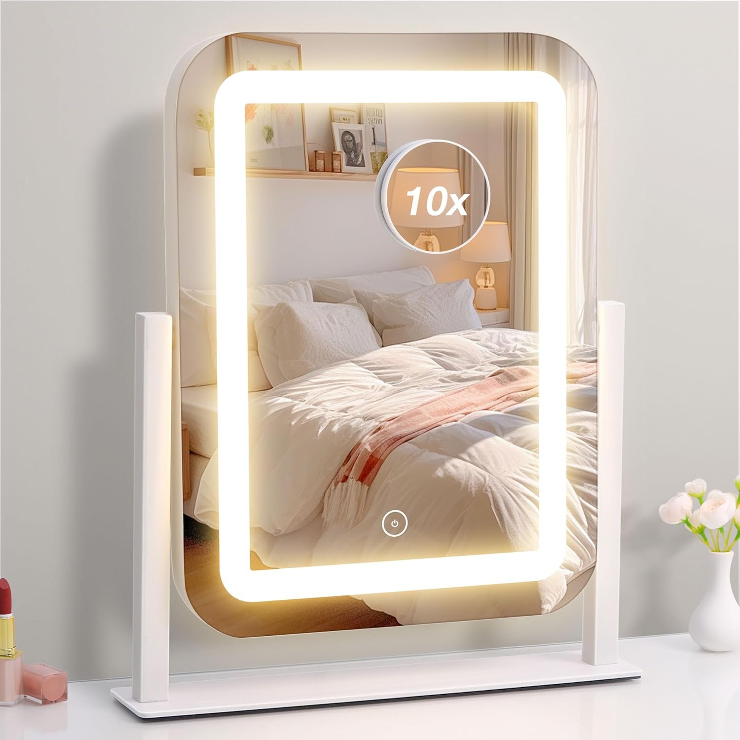 Vanity Mirror with Lights, 12″×13.9″ Makeup Mirror with LED Lights, Lighted Makeup Mirror with Smart Touch Control & 3 Dimmable Color Modes, Mirror with Lights for Desk, Bedroom, Dressing Room