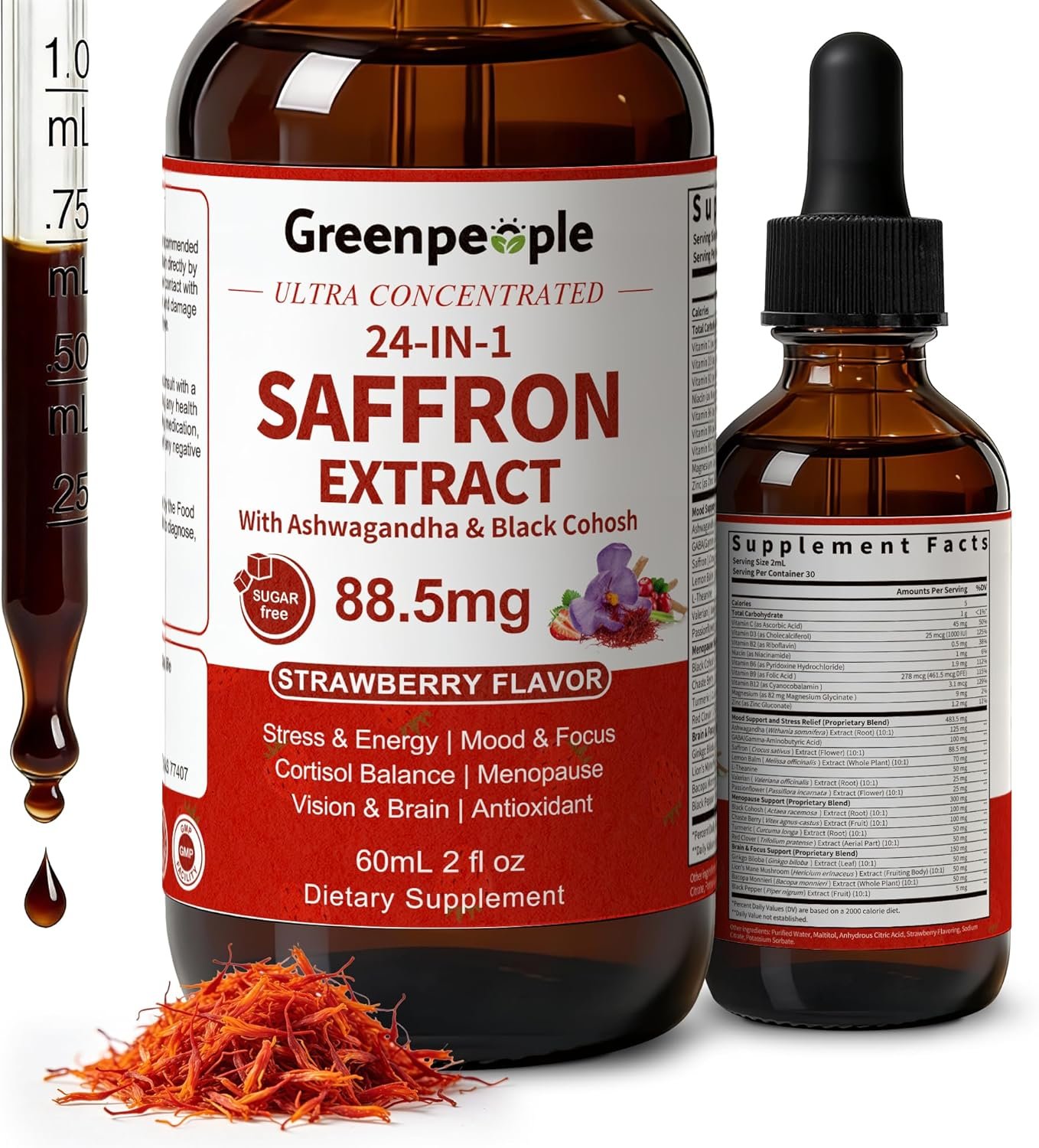 GREENPEOPLE Saffron Extract Supplements Drop – 24-in-1 88.5mg Saffron Extract with Ashwagandha,Black Cohosh & Lion’s Mane for Mood&Focus,Stress Relief,Cortisol Reducer,Menopause – Vegan 2FL OZ