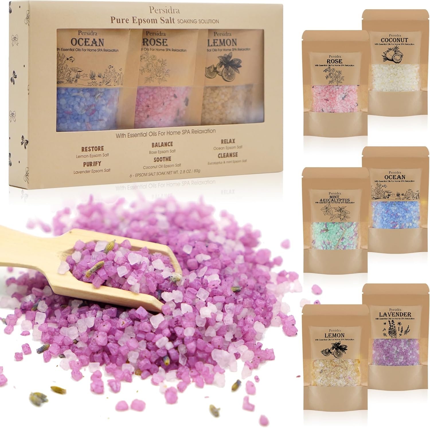 Bath Salts, Bath Salts for Women Relaxing, Father’s Day Birthday Gifts, Self Care for Women and Men, Individual Packets with Natural Sea Salt, Minerals and Dried Flower, Spa Bath & Foot Soak, 6 Scents