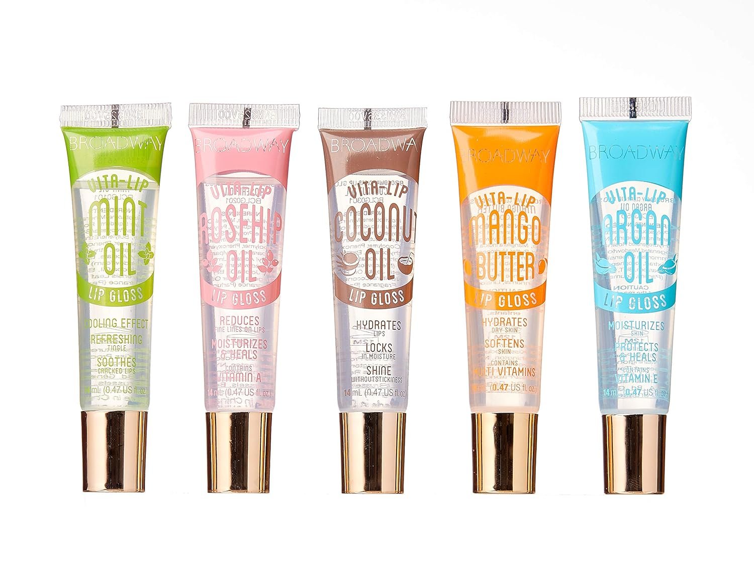 Ruby Kisses Broadway Vita-Lip Clear Lip Gloss (5 Pack Mint, Rosehip, Coconut, Argan Oil, Mango Butter), Ultra-Hydrating & Soothing Formula with Vitamin Oils, High-Shine Non-Sticky Finish Lip Balm