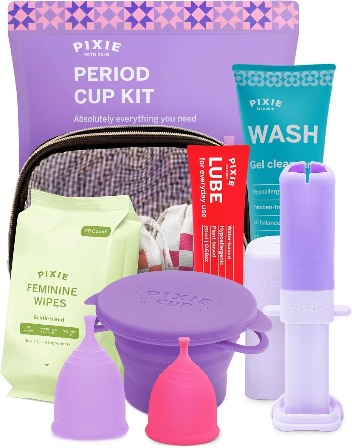 Pixie Menstrual Cup Kit – Best Period Cup Starter Kit for Feminine Care – Proven to Be What You Need to Become A Successful Cup User – 100% Medical-Grade Silicone – Tampon Alternative