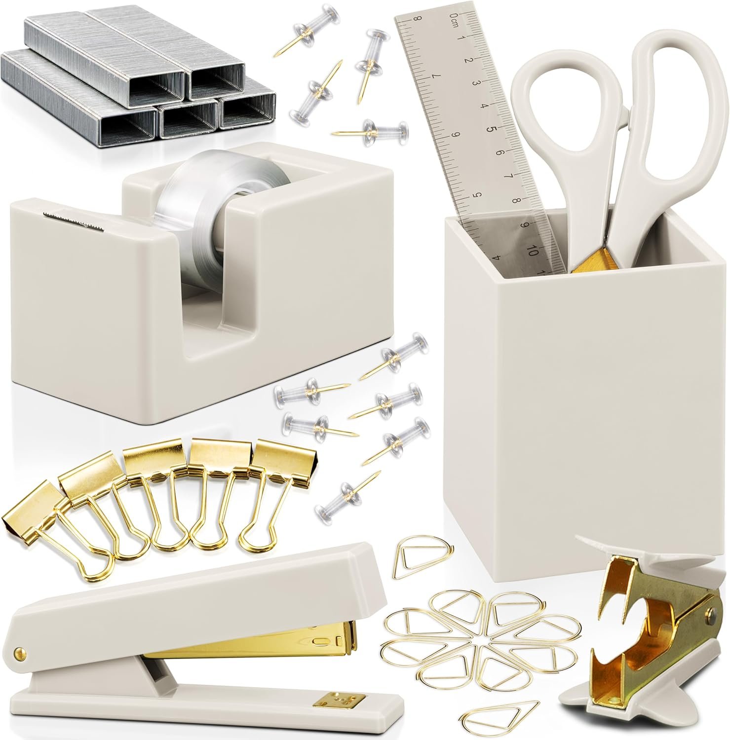 Aesthetic Desk Accessories Set – A Complete Desktop Organizer Set For Women Enhances Any Office Decor – An Office Supplies Kit w Gold Finish incl. Pen Holder, Scissors, Stapler, Tape Dispenser & More