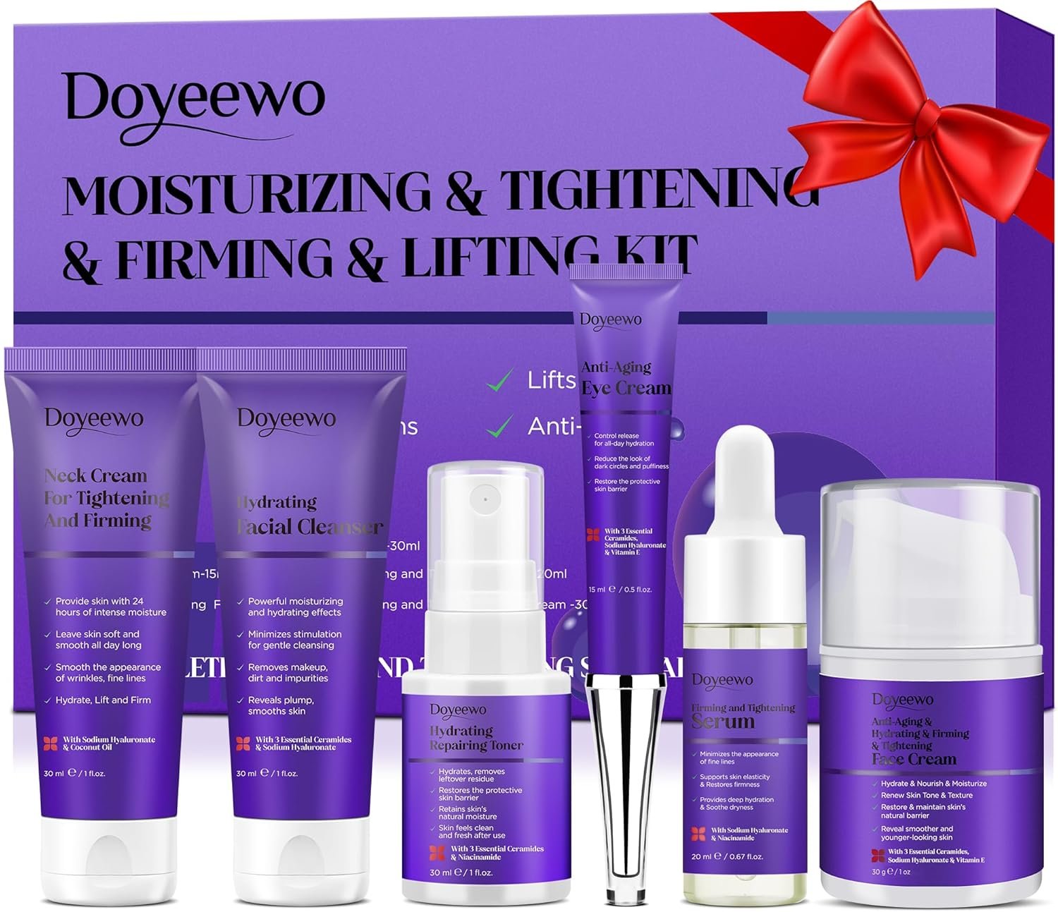 Skin Care Set,6Pcs Professional Womens Teens Tighten Lift Firm Skincare,Hydrate Anti-Aging Facial Routine Kit Travel Gift Set,Birthday Christmas Secret Santa Gifts for Women Teenage Girl Wife Mom | Professional