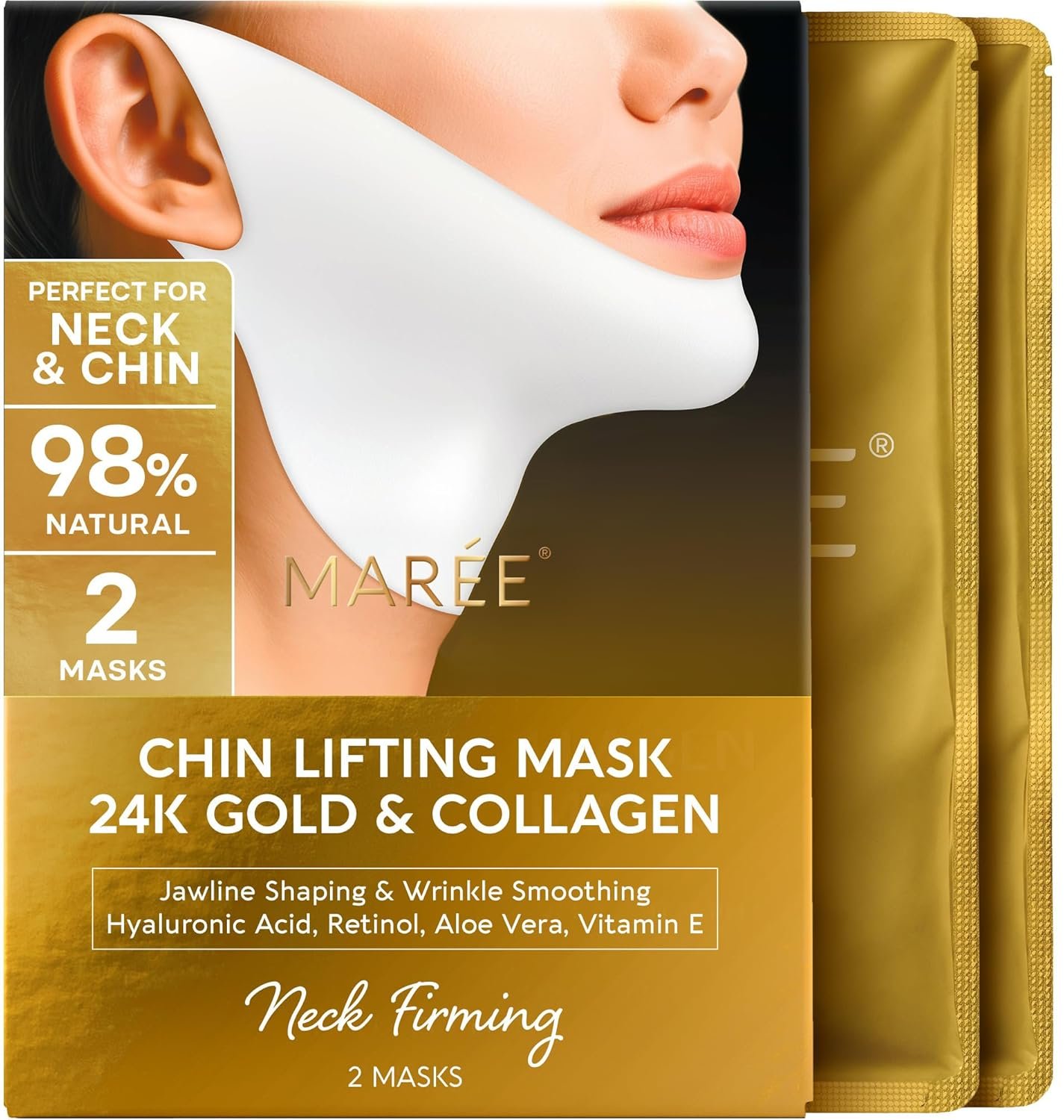 MAREE V Line Lifting Mask with 24K Gold – Deep Collagen Face Mask for Women – Jawline Shaper Mask with Retinol & Hyaluronic Acid – Neck Tightening & Firming – Double Chin Strap for Face Lift