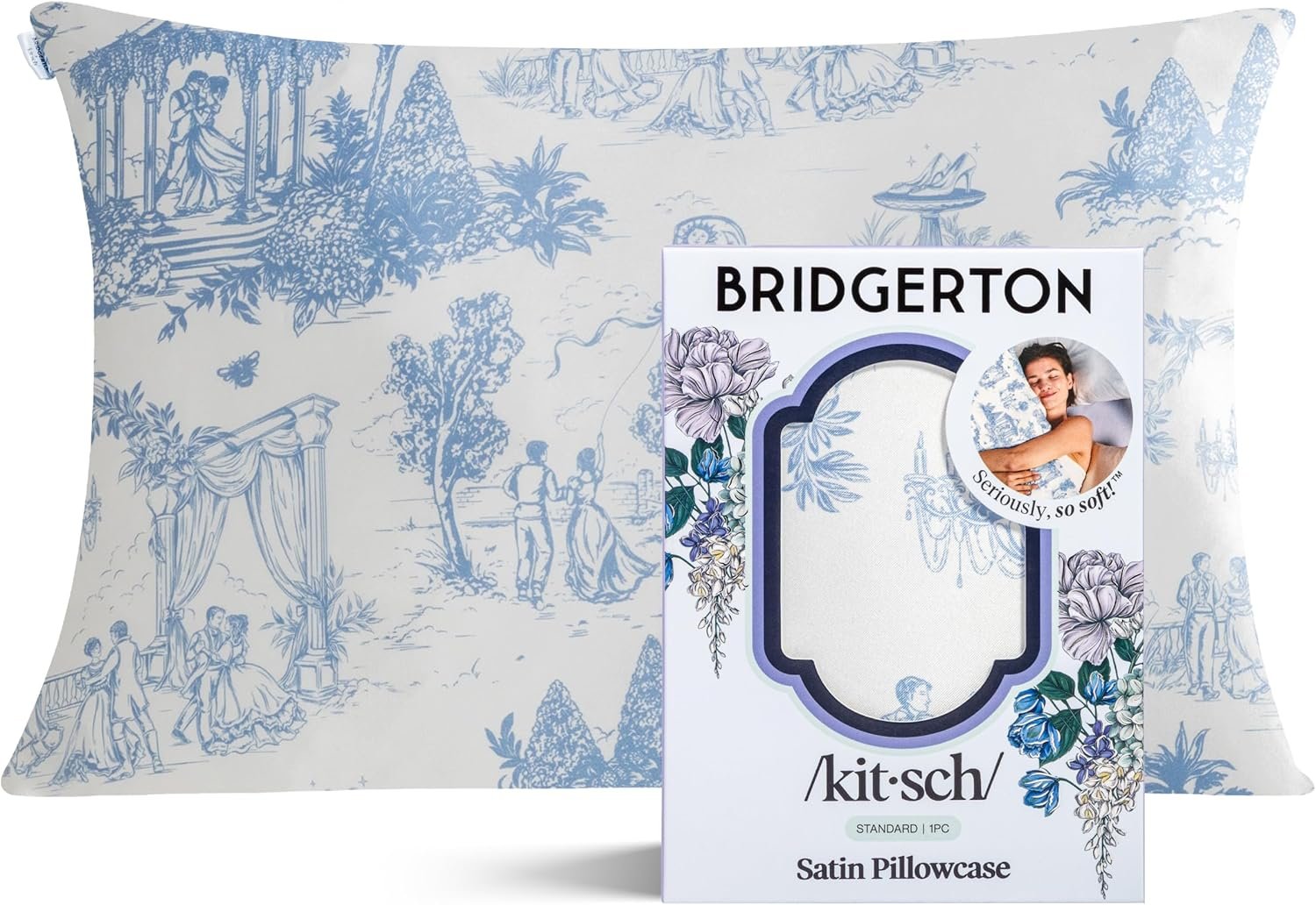 Bridgerton x Kitsch Satin Pillowcase with Zipper for Hair & Skin – Softer Than Silk Pillow Cases, Smooth Cooling Pillow Cover, Wrinkle-Free, Machine Washable, Standard Size (19×26) – Garden Toile