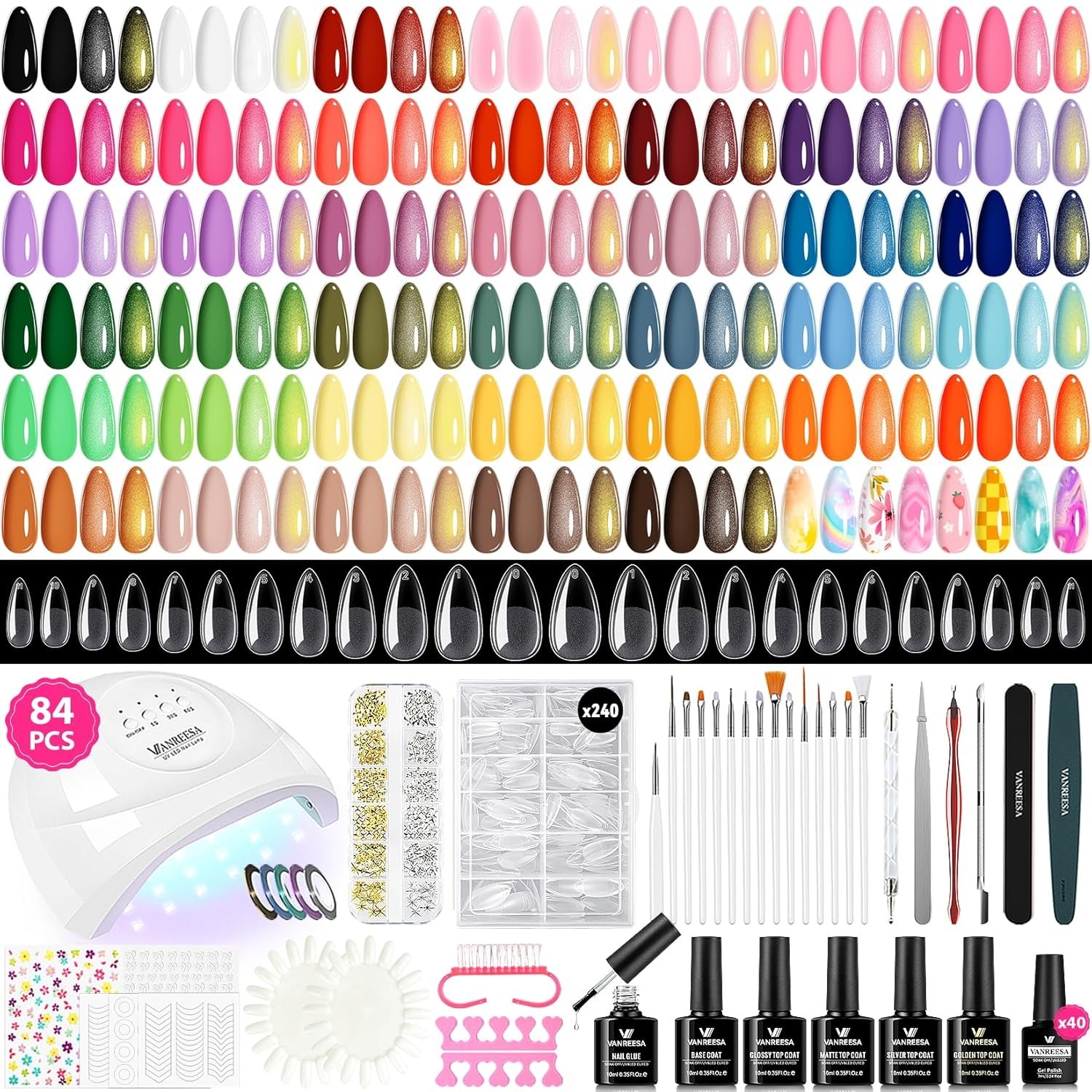 VANREESA 84 Pcs Gel Nail Polish Kit with U V Light and Almond Nail Tips -40 All Seasons Colors Gel Polish Set with 5 Pcs Base Top Coat Gel Nail Kit for Beginners with Everything Gifts for Women