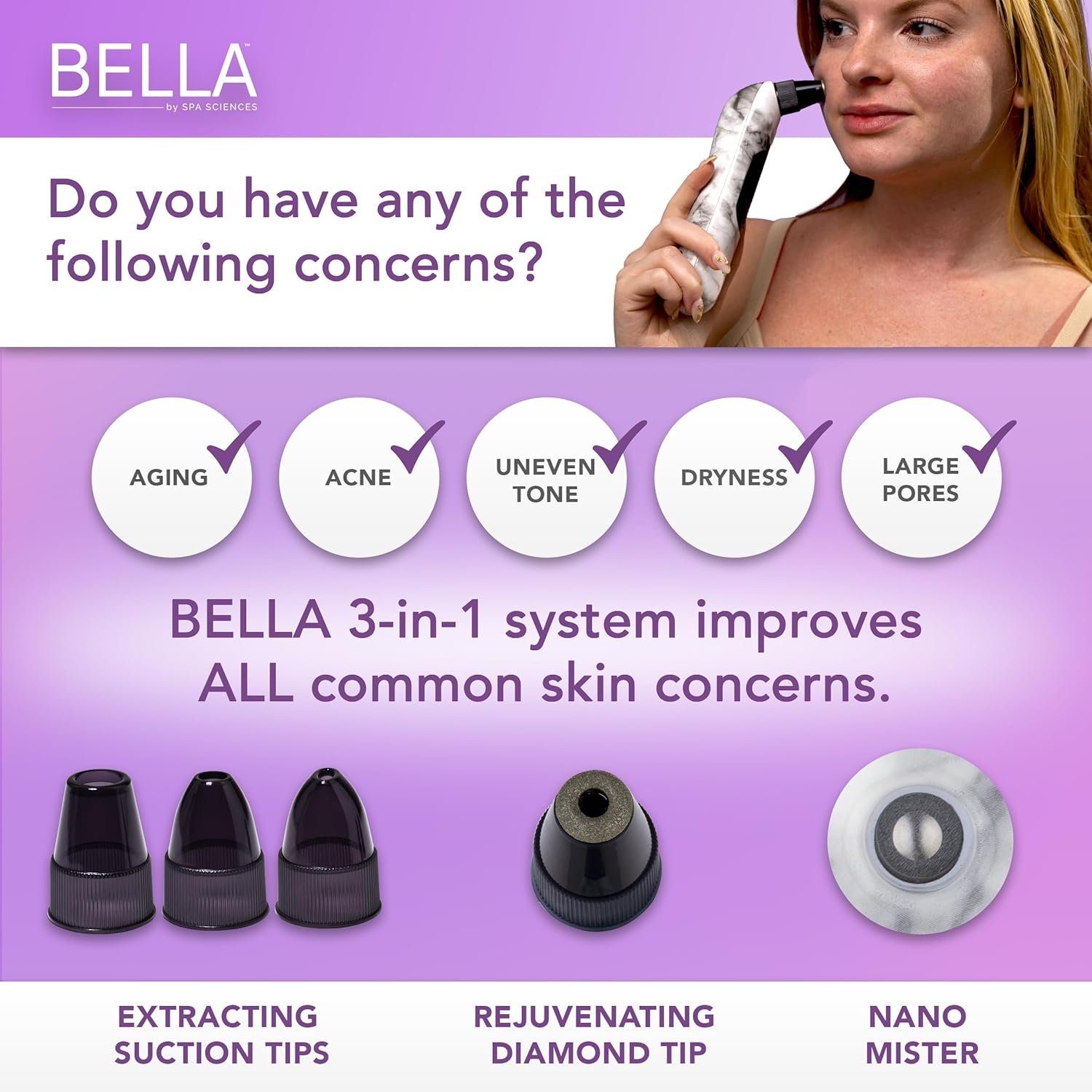 Spa Sciences – Bella Microdermabrasion Pore Extractor & Nano Mister – 3-in-1 – Exfoliation & Pore Purification – Hydrating, Refreshing, Soothing – for All Skin Types – Rechargeable