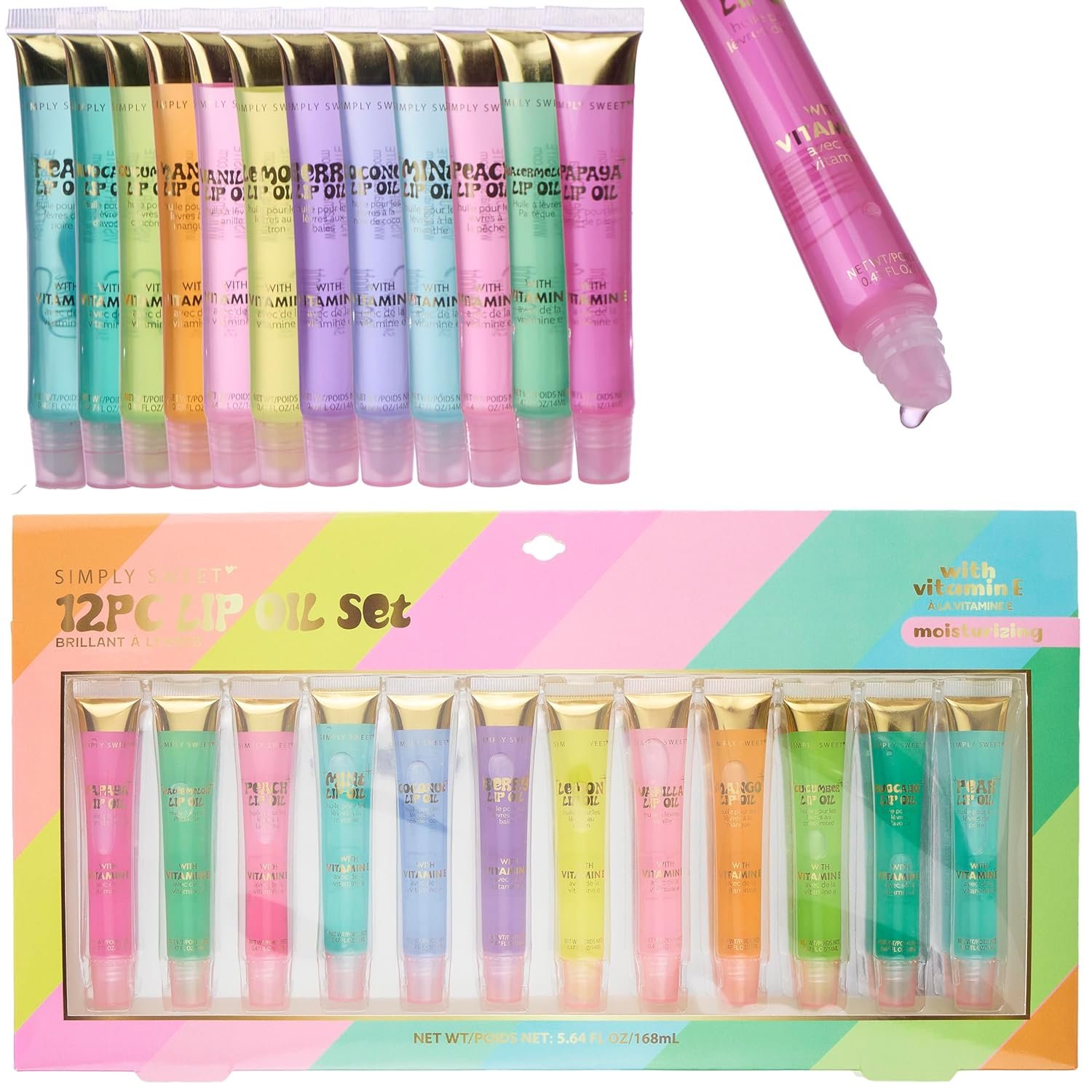 EXPRESSIONS 12pc Rainbow Lip Oil Set – Flavored Hydrating Lip Oils Value Pack | Squeeze Tube Applicator | Moisturizing Lip Oil Collection for Everyday Lip Care & Repair for Women
