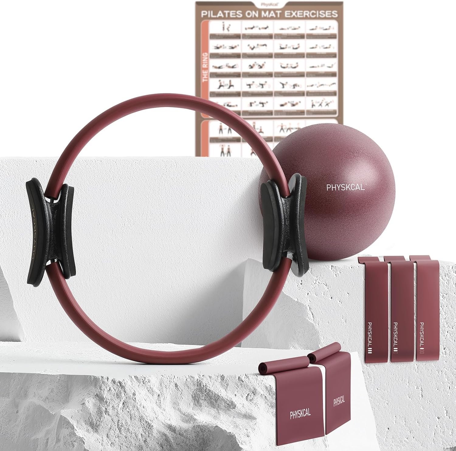 PhysKcal Pilates Kit, 15-Inch Pilates Ring with 1x Core Ball, 3X Resistant Loops and 2X Flex Bands, Home Pilates Equipment Set and Mat Pilates Essential Kit