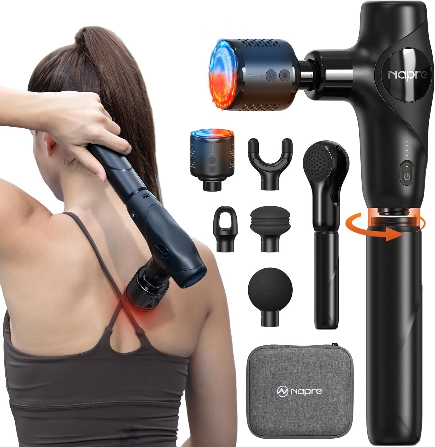 NAPRE 3-in-1 Mini Massage Gun with Heat and Cold,Deep Tissue Back Massage with Detachable Handle for Neck/Body Pain Relief,Portable Handheld Percussion Muscle Massager,Small & Quiet,5 Heads,with Case
