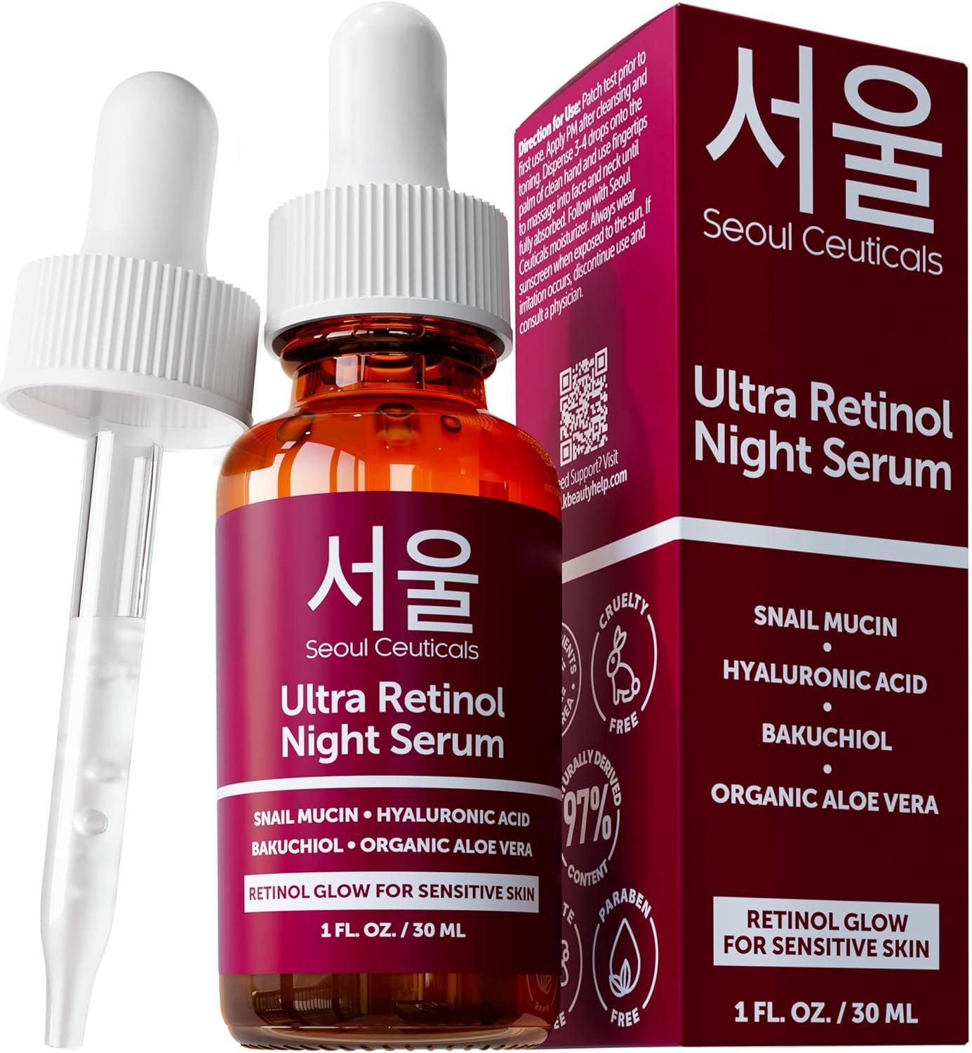 SeoulCeuticals 1% Korean Retinol Night Serum for Face – 97.5% Snail Mucin + Hyaluronic Acid + Bakuchiol, Cruelty Free K Beauty for Sensitive Skin 1oz
