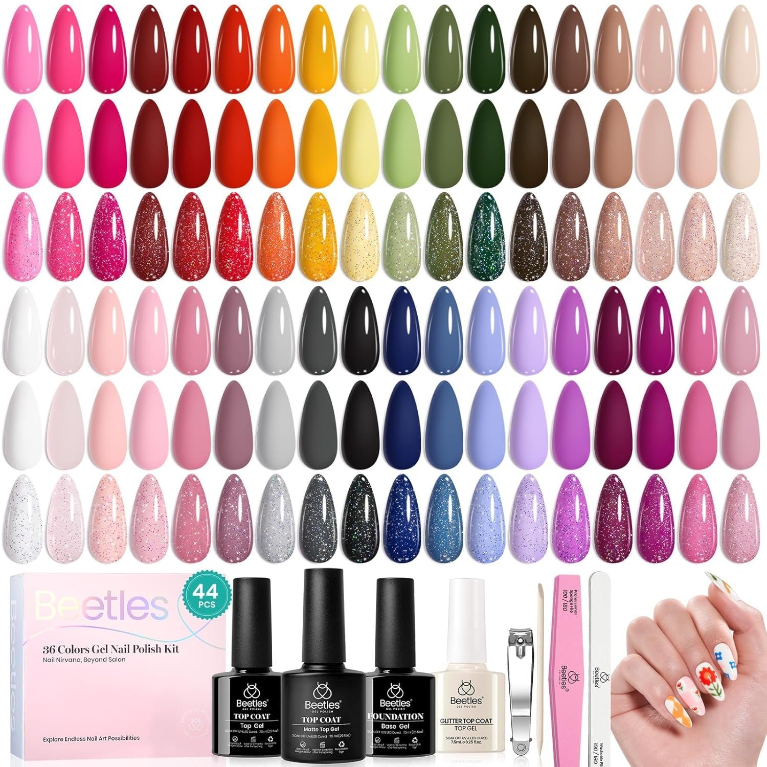 beetles 44pcs Gel Nail Polish Set – 36 Colors Colorful Muse Gel Polish Kit Pink Nude Red Yellow Green Black White Glitter Nail Kit Base Top Coat UV LED Needed Salon DIY Home Gift for Women