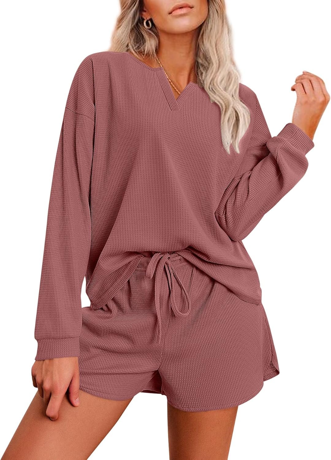 Ekouaer Pajama Set for Women Waffle Knit Lounge Sets Long Sleeve Top and Shorts Sleepwear Matching Loungewear S-XXL