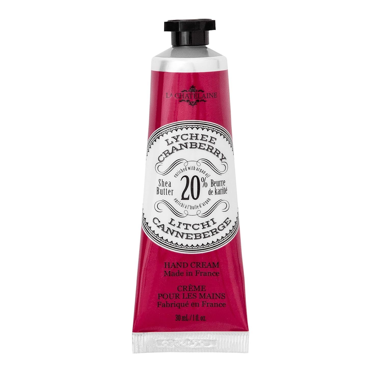 La Chatelaine 20% Shea Butter Hand Cream Travel Size, Organic Argan Oil, Moisturizing, Nourishing, Repairing, Extra-Rich Hand Lotion, Made in France, Paraben Free, 1 oz / 30ml (Lychee Cranberry)
