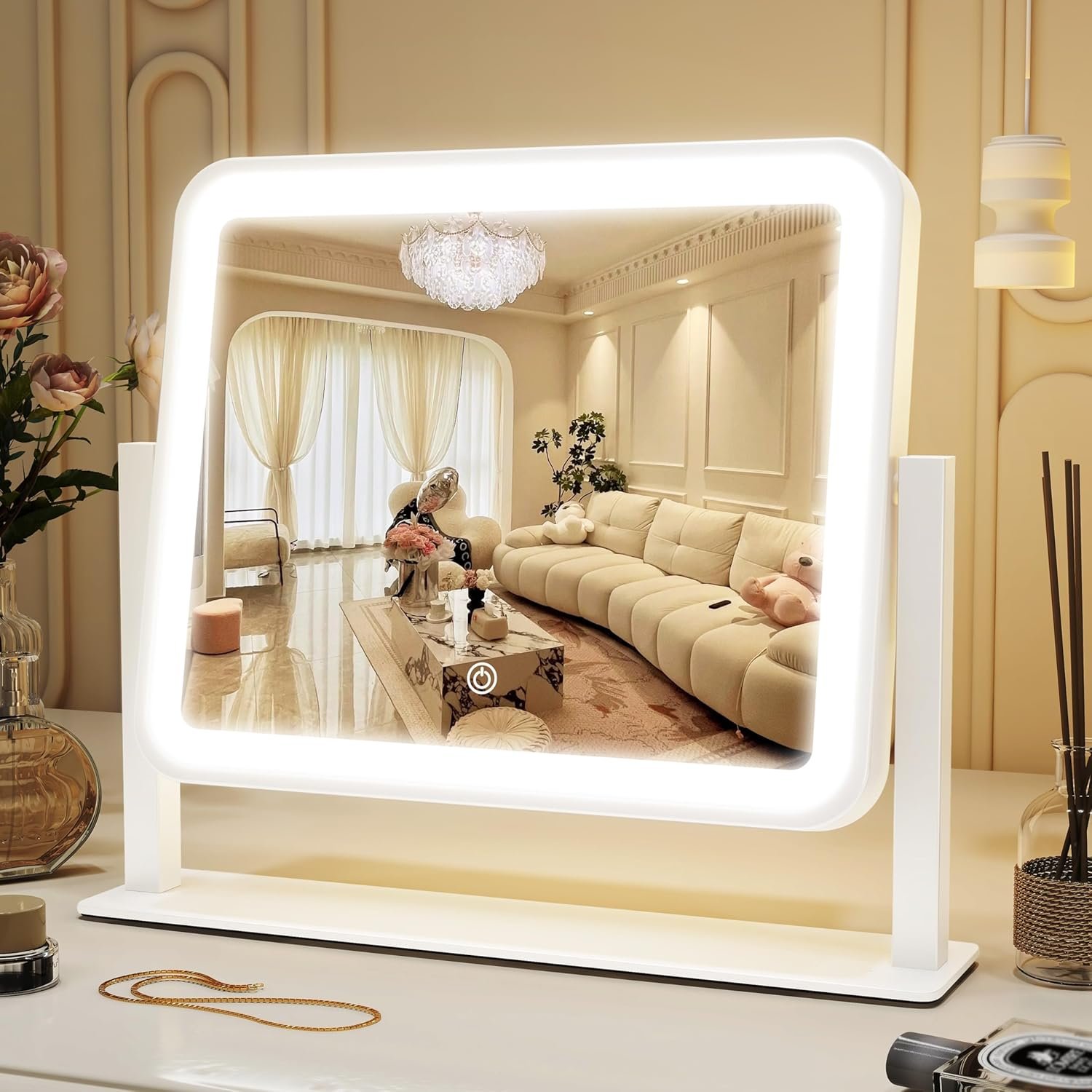 ROLOVE Vanity Mirror with Lights, 14″×12″ LED Makeup Mirror, Lighted Makeup Mirror with Lights, Smart Touch Control 3 Colors Dimmable, Lighted Up Mirror for Makeup Desk, Bedroom, Women Gift