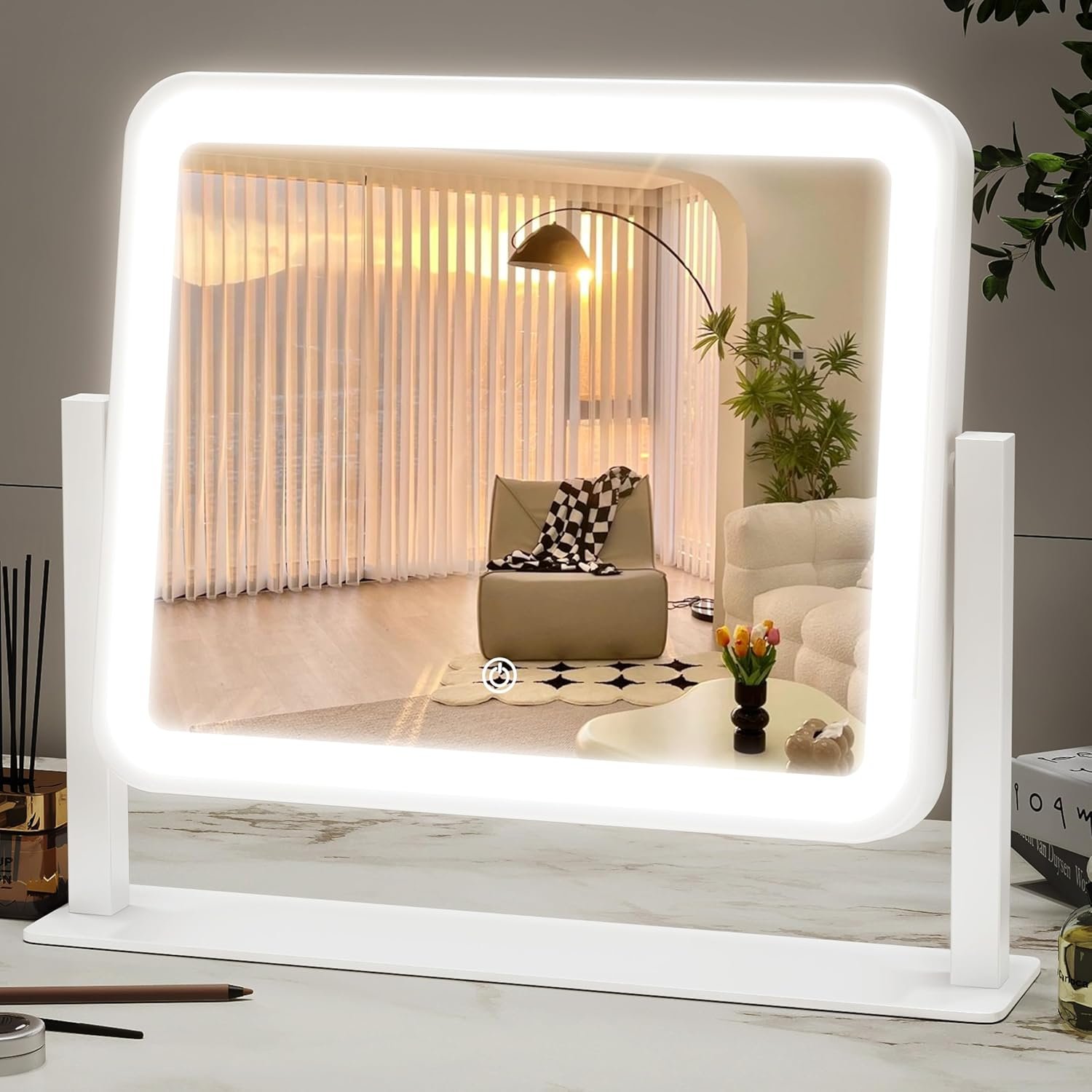 ROLOVE 14″x12″Vanity Mirror, Lighted Makeup Mirror for Vanity Desk, Smart Touch Control, 360° Rotation, 3-Color Modes, Gifts for Women, Bedroom, White
