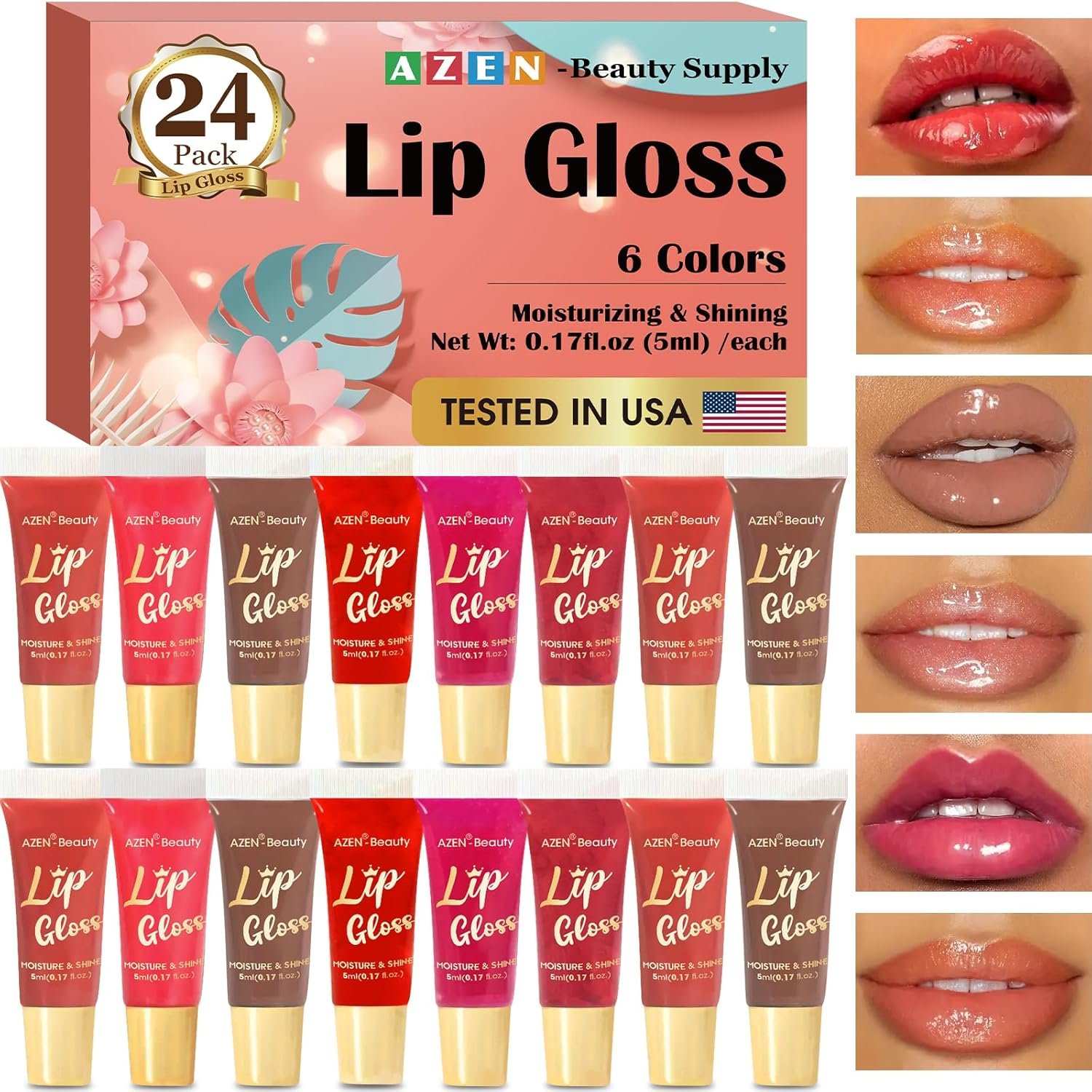 AZEN 24 Pack Lip Gloss Set, Color Lip Oil for Dry Cracked Lips Moisturizing Hydrating Nourishing with Vitamin E, Mothers Day Gifts for Women
