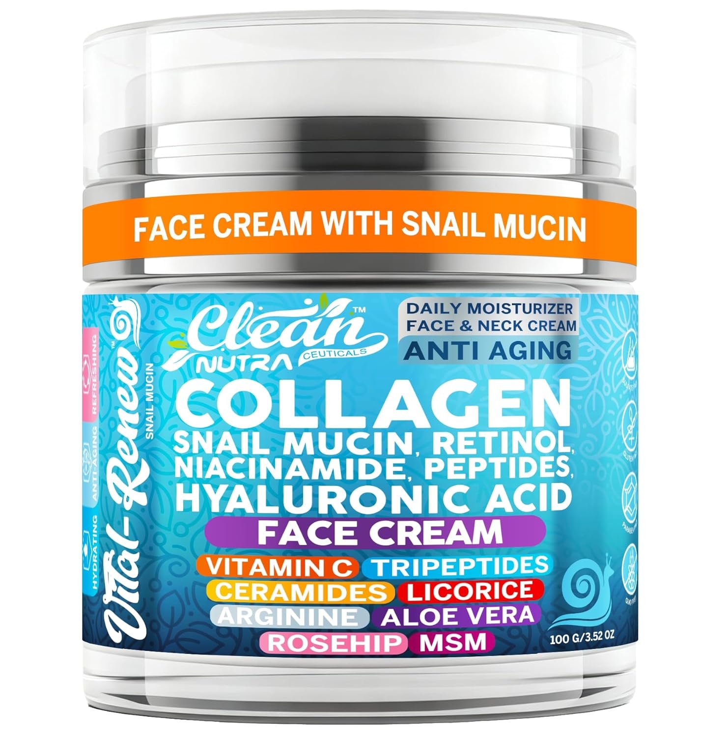 Snail Mucin Collagen Face Cream – Anti Aging Moisturizer with Retinol Niacinamide Hyaluronic Acid Peptides Vitamin C Ceramides – Korean Skincare Anti Aging Daily Face and Neck Cream – 3.52 oz 100g